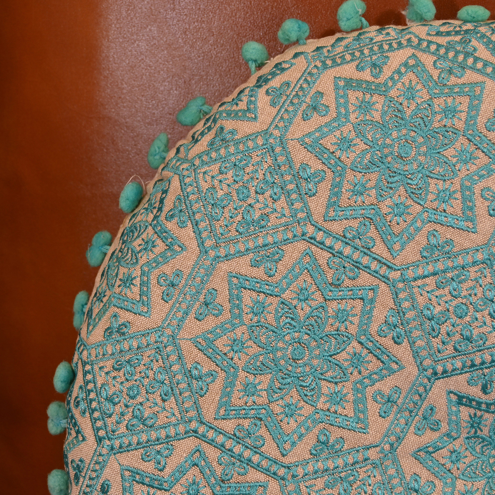 Home Carving Embroidered Round Filled Cushion with Pom Poms - 40x40 cms-household-cushionsandthrows-filledcushions-decorativecushions-image-3