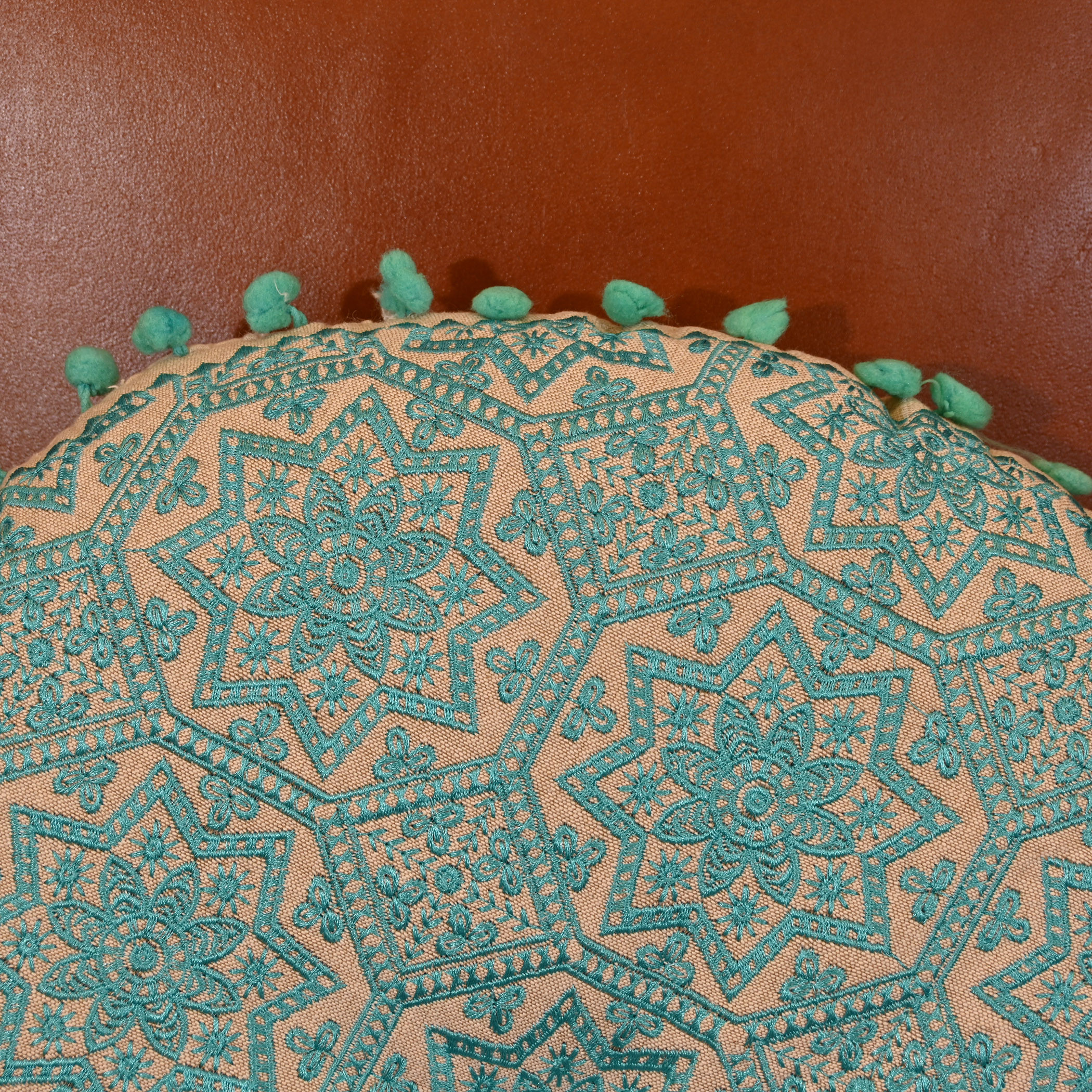Home Carving Embroidered Round Filled Cushion with Pom Poms - 40x40 cms-household-cushionsandthrows-filledcushions-decorativecushions-image-4