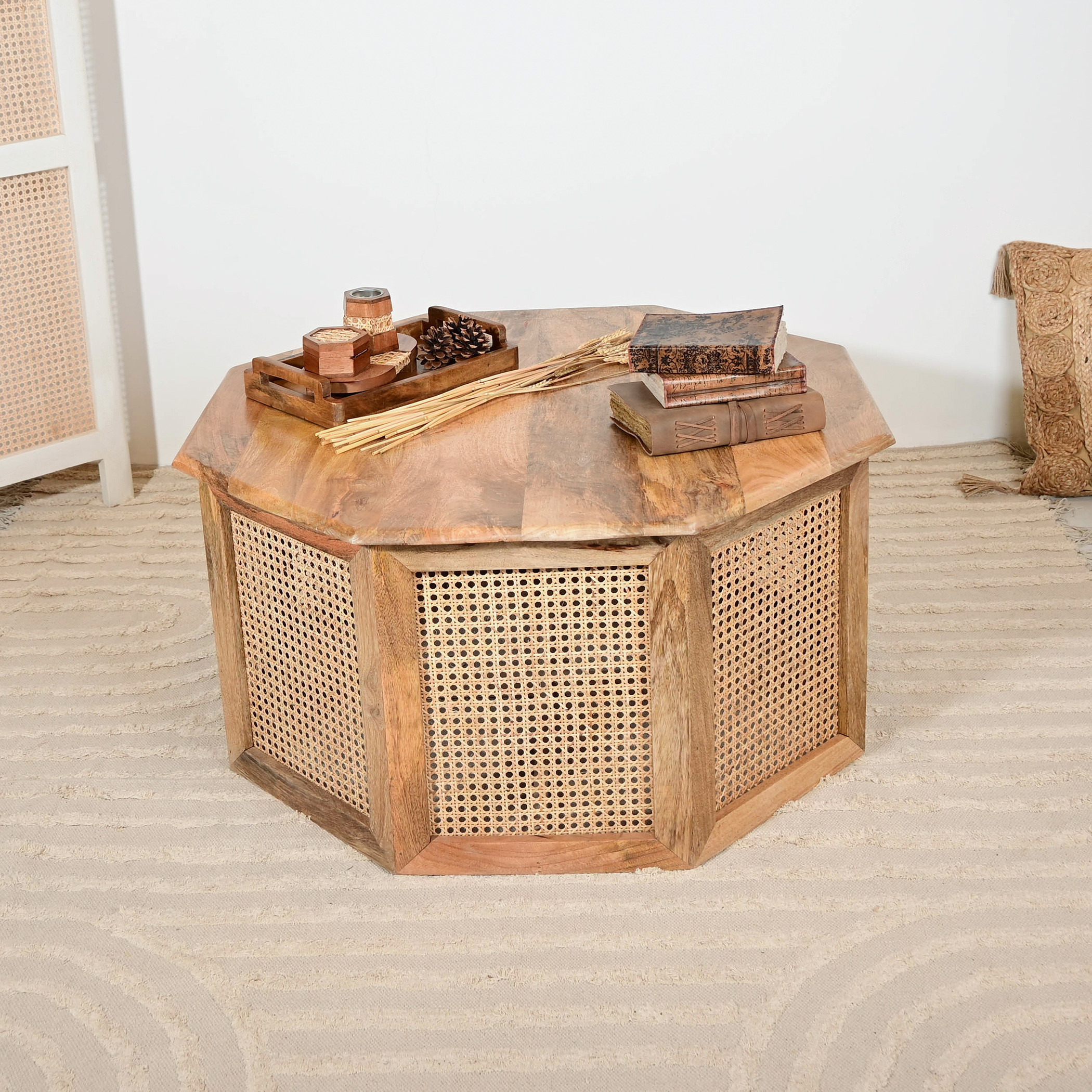 Home Carving Wooden Coffee Table with Rattan Detailing - 90x46 cm-furniture-livingroom-coffeetables-image-1