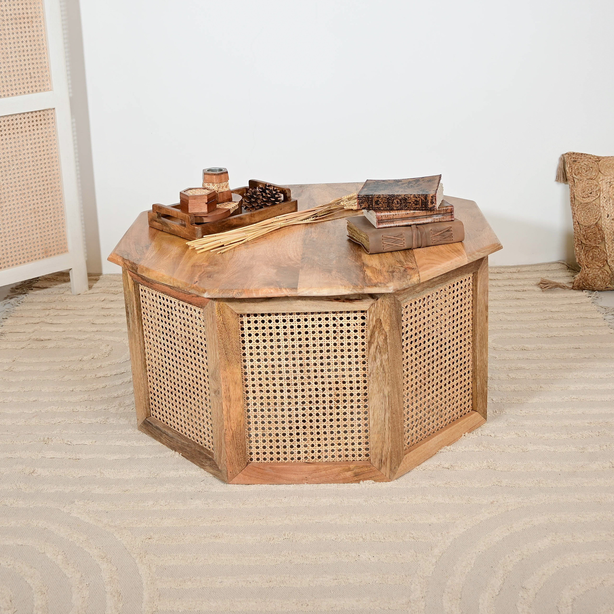 Home Carving Wooden Coffee Table with Rattan Detailing - 90x46 cm-furniture-livingroom-coffeetables-image-2