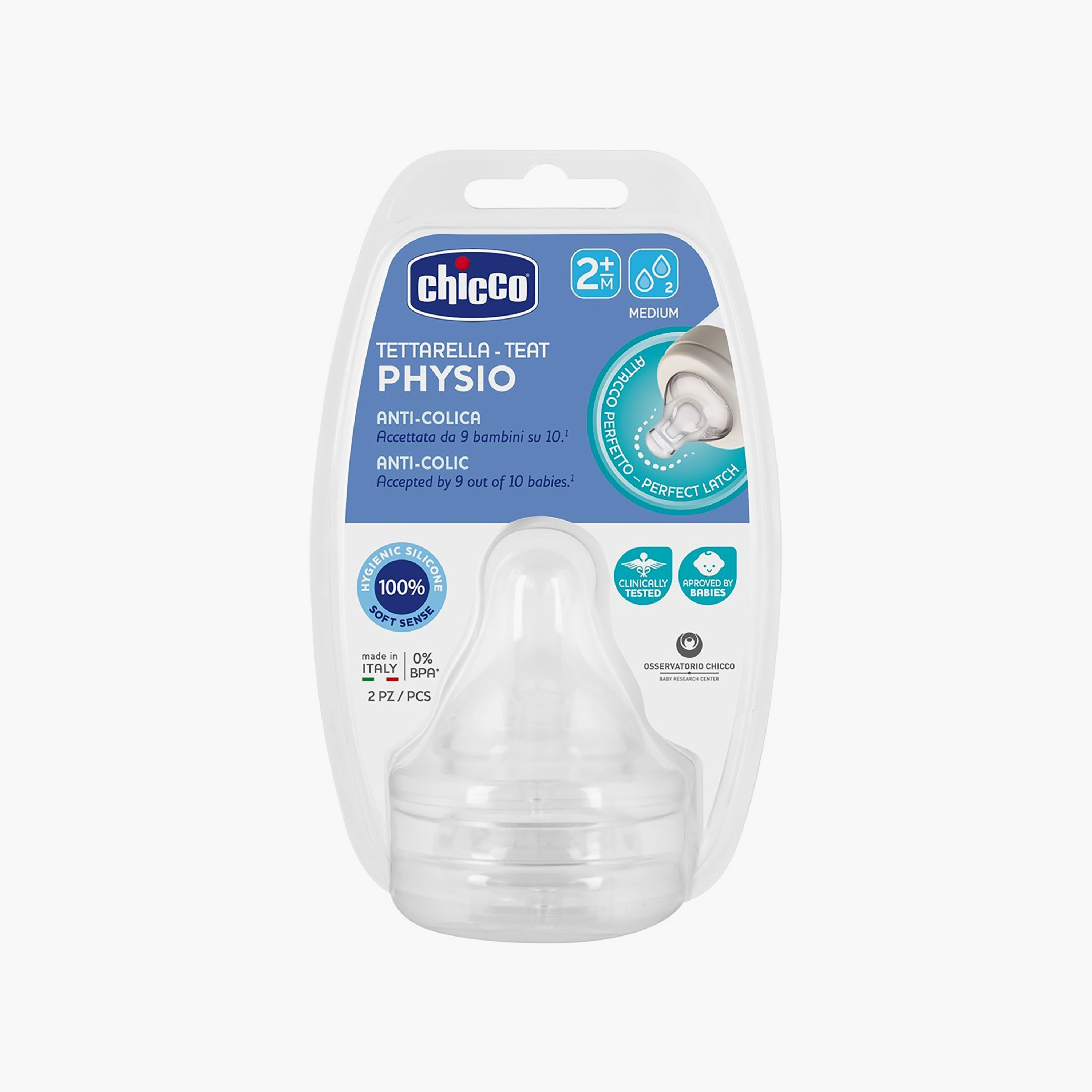 Chicco 2-Piece Perfect 5 Medium Flow Silicone Teats, 2 Months +-baby-feeding-feedingbottles-bottlesandteats-image-1