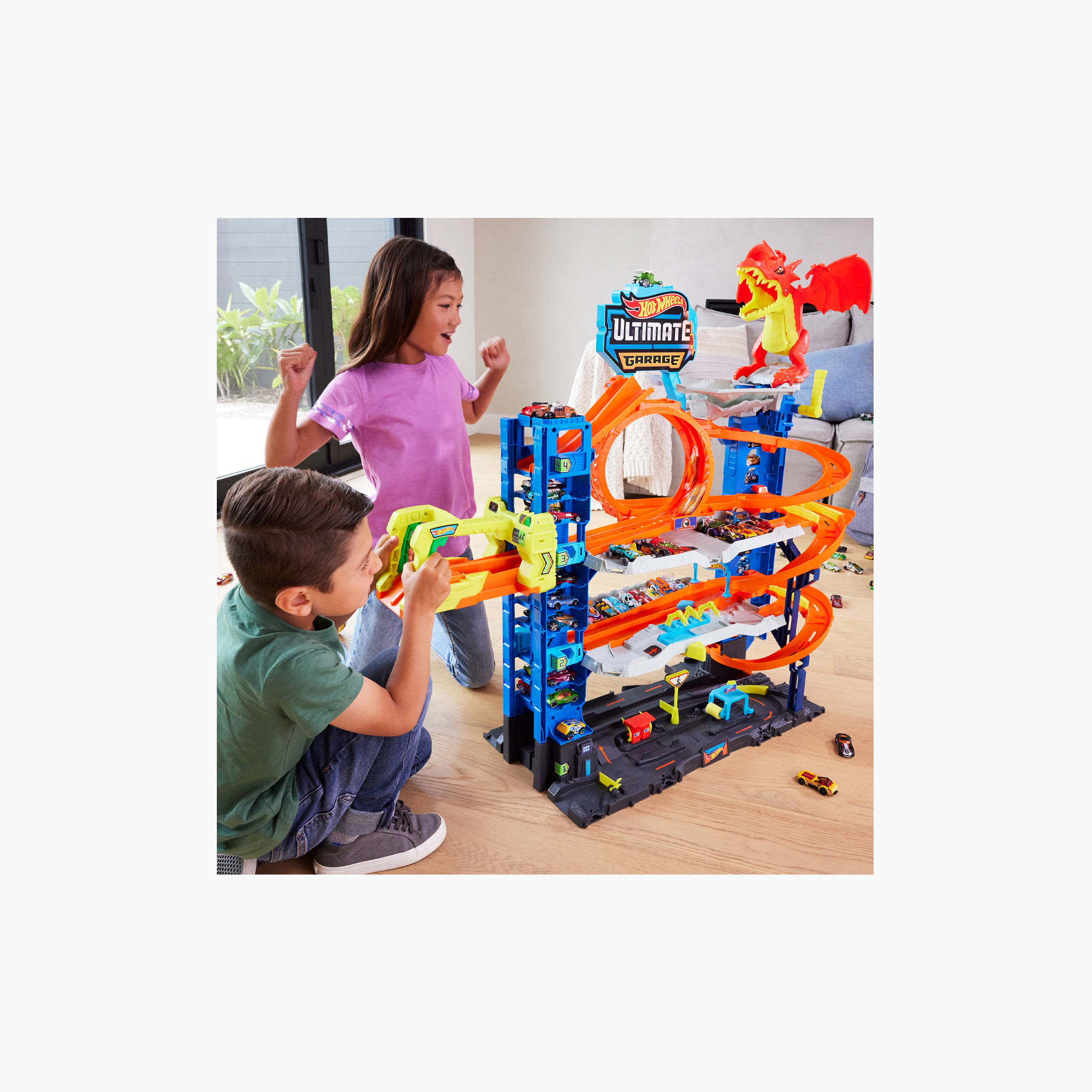 Hot Wheels City Ultimate Garage Track Set with 2 Die-Cast Toy Cars & Car-Eating Dragon, 4 Levels-toys-playvehicles-vehicleplaysets-image-2