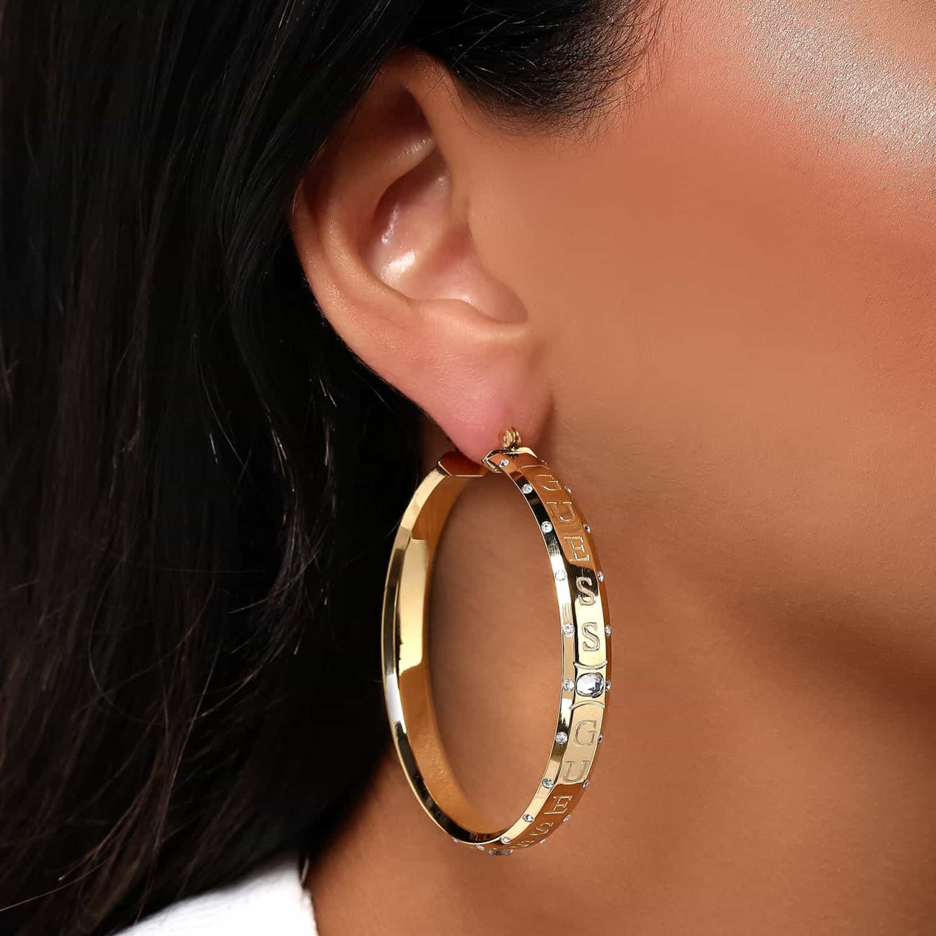 Guess Gold Just Hoop Earrings | JUBE03114JW-women-watchesandjewellery-jewellery-earrings-image-4