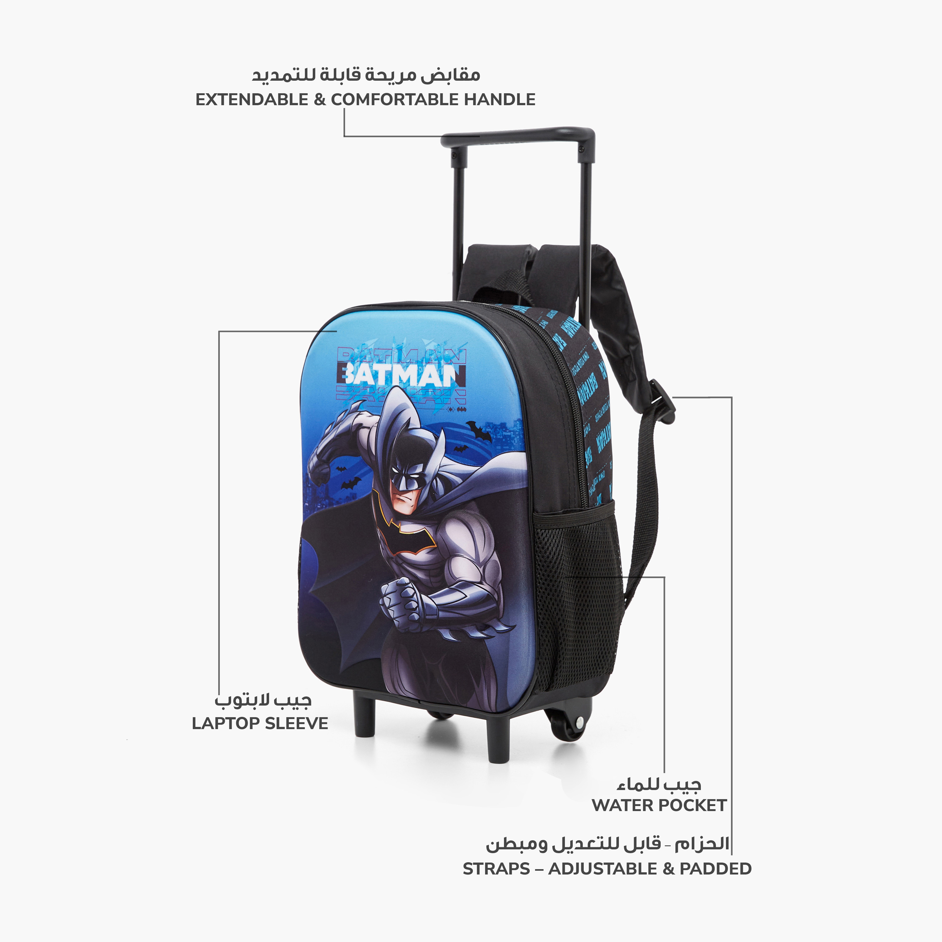 Batman Print Trolley Backpack with Lunch Bag and Pencil Pouch - 12 inches-school-bagsandbackpacks-trolleybags-image-7