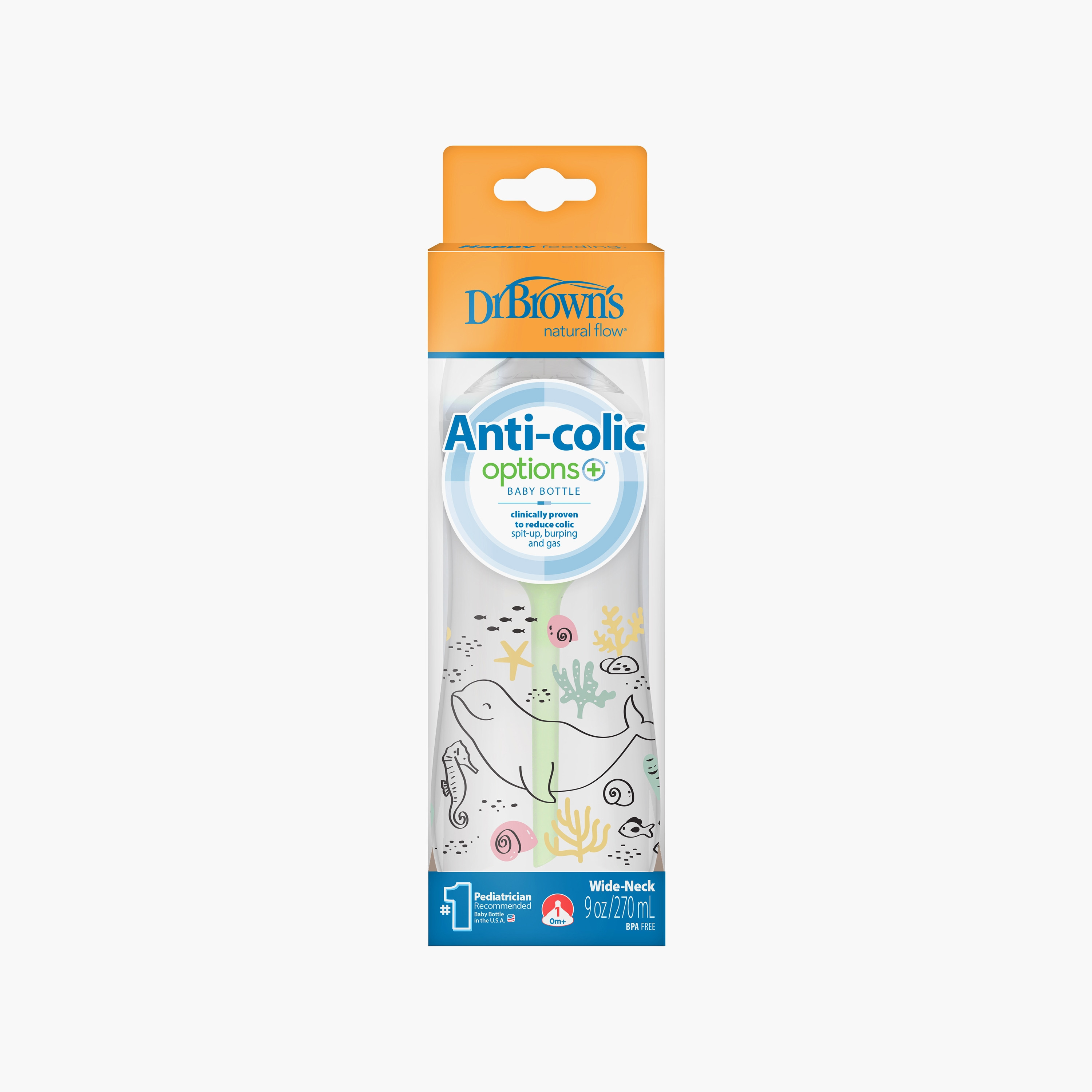 Dr. Brown's 2-Piece Wide Neck Anti Colic Options+ Feeding Bottle, Ocean Whale, 270 ml-baby-feeding-feedingbottles-bottlesandteats-image-2