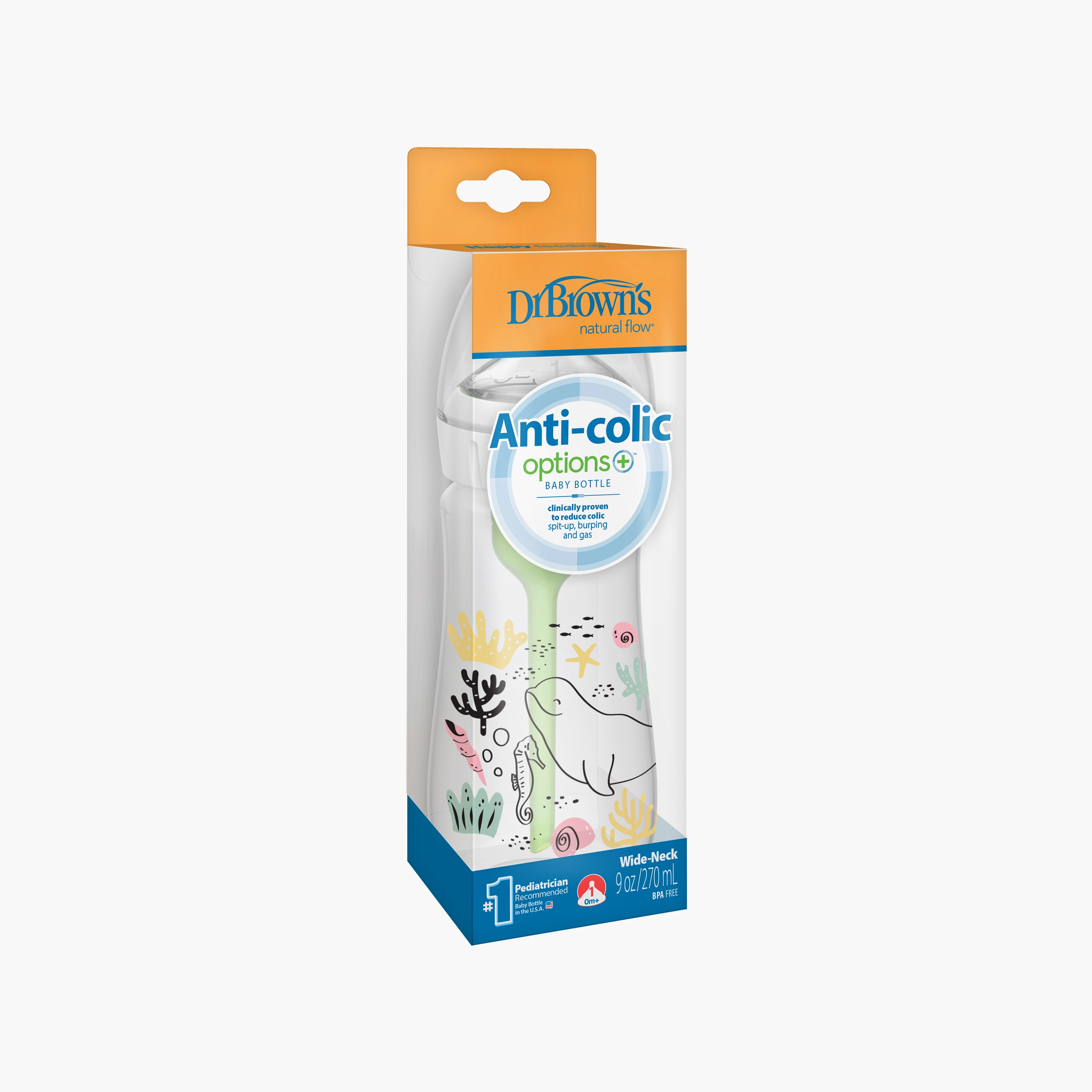 Dr. Brown's 2-Piece Wide Neck Anti Colic Options+ Feeding Bottle, Ocean Whale, 270 ml-baby-feeding-feedingbottles-bottlesandteats-image-3
