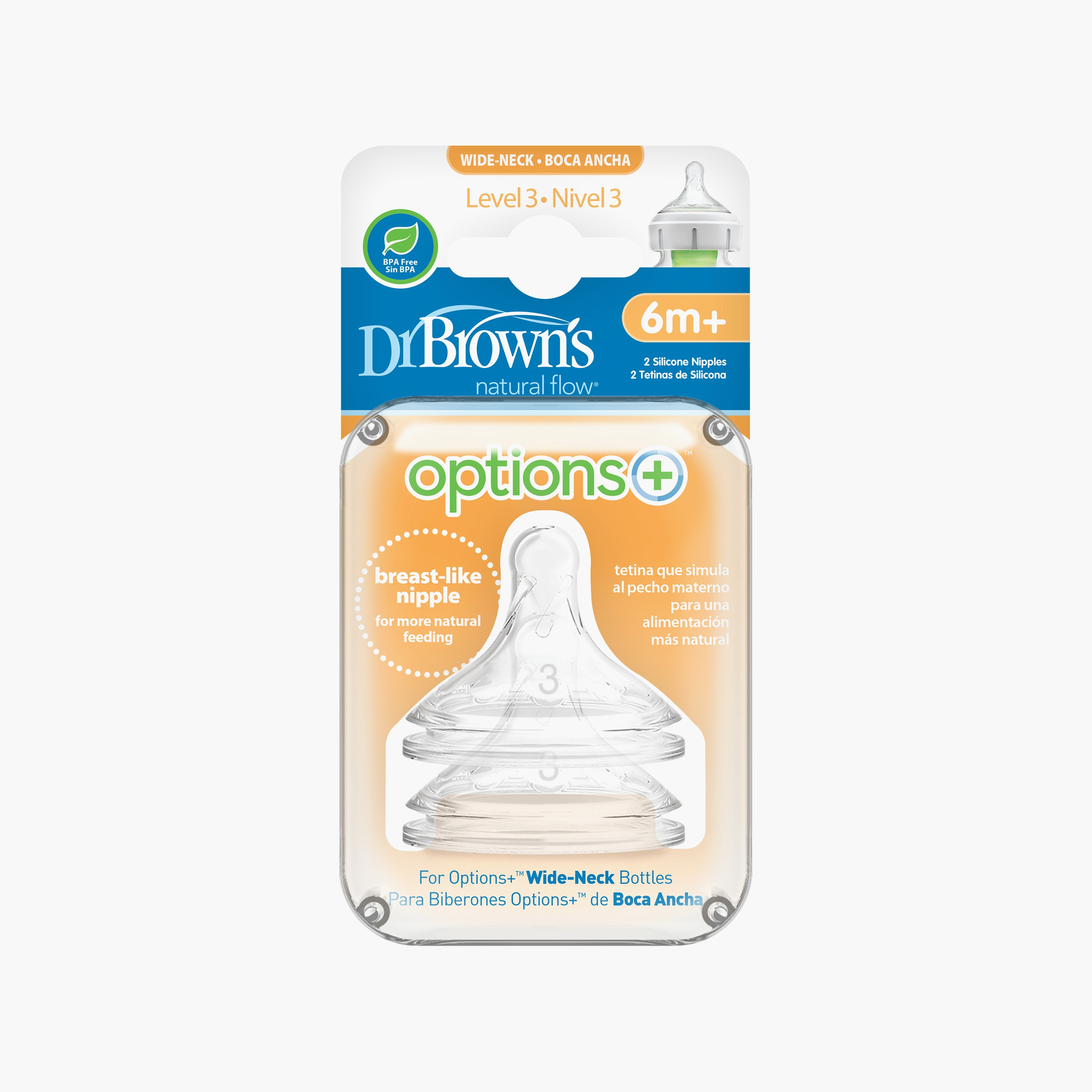 Dr. Brown's 2-Piece Wide Neck Silicone Options+ Nipples, Level 3-baby-feeding-feedingbottles-bottlesandteats-image-1