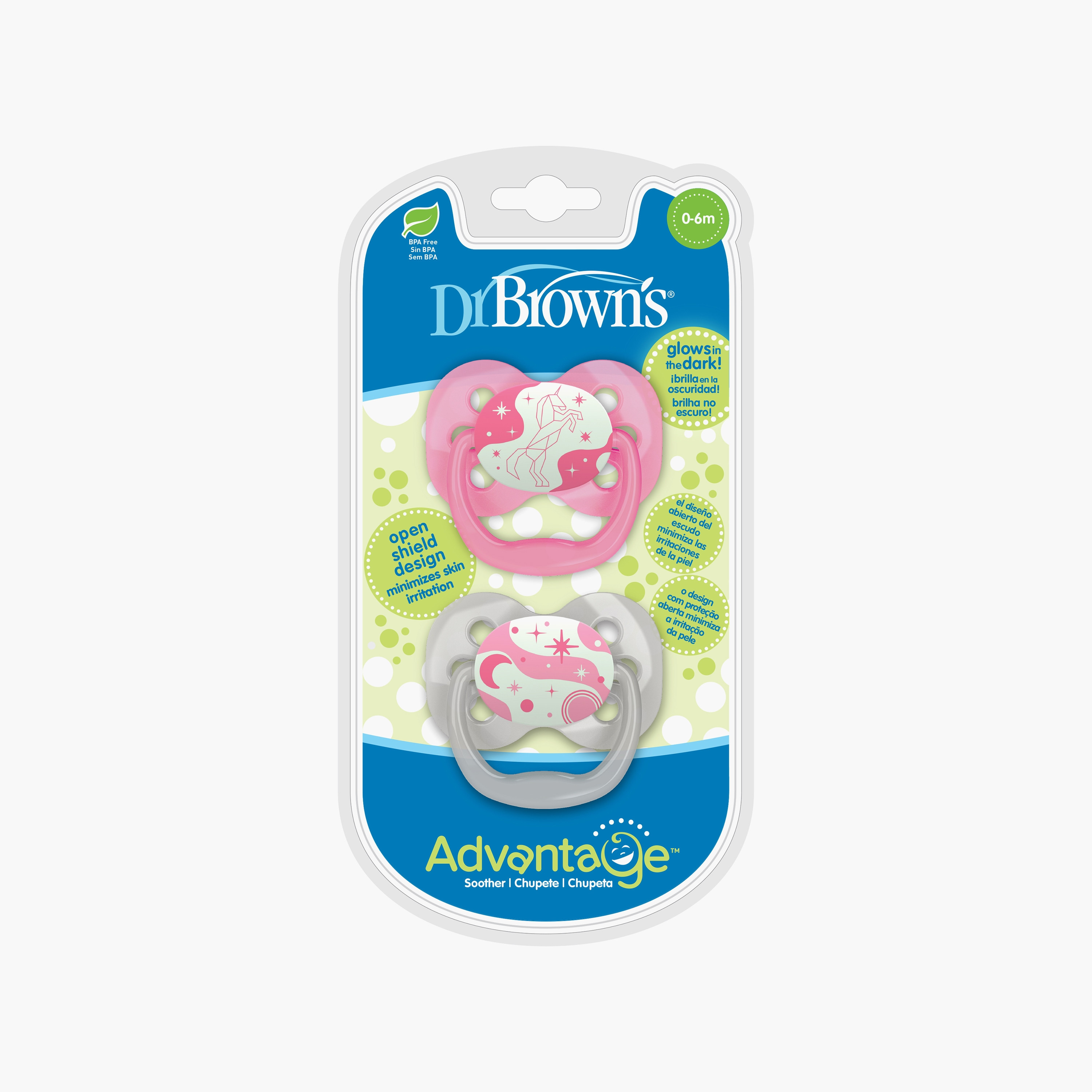 Dr. Brown's 2-Piece Advantage Glow in The Dark Pacifiers, Stage 1, Pink-baby-feeding-pacifiers-image-1