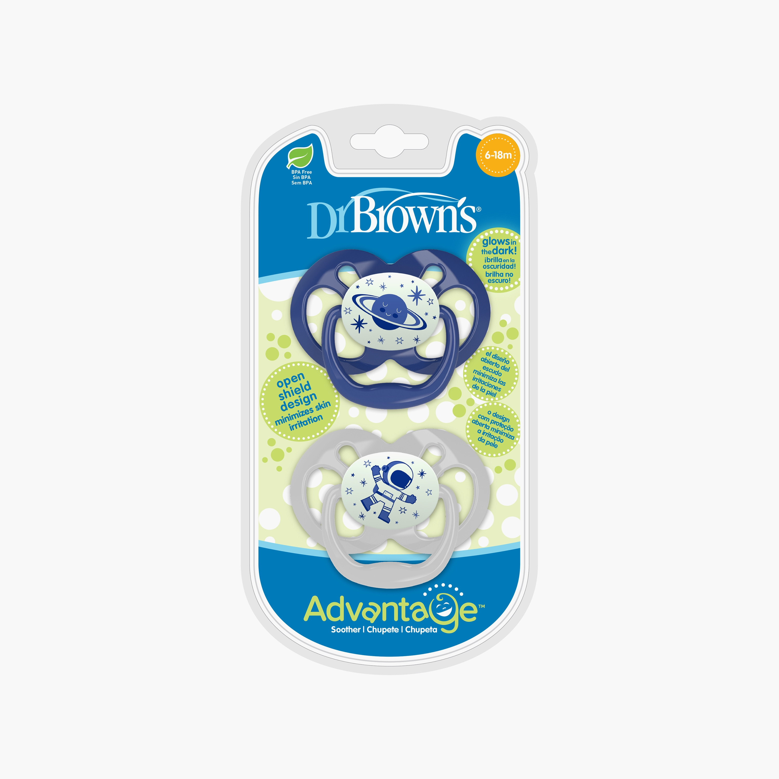 Dr. Brown's 2-Piece Advantage Glow in The Dark Pacifiers, Stage 2, Blue-baby-feeding-pacifiers-image-1