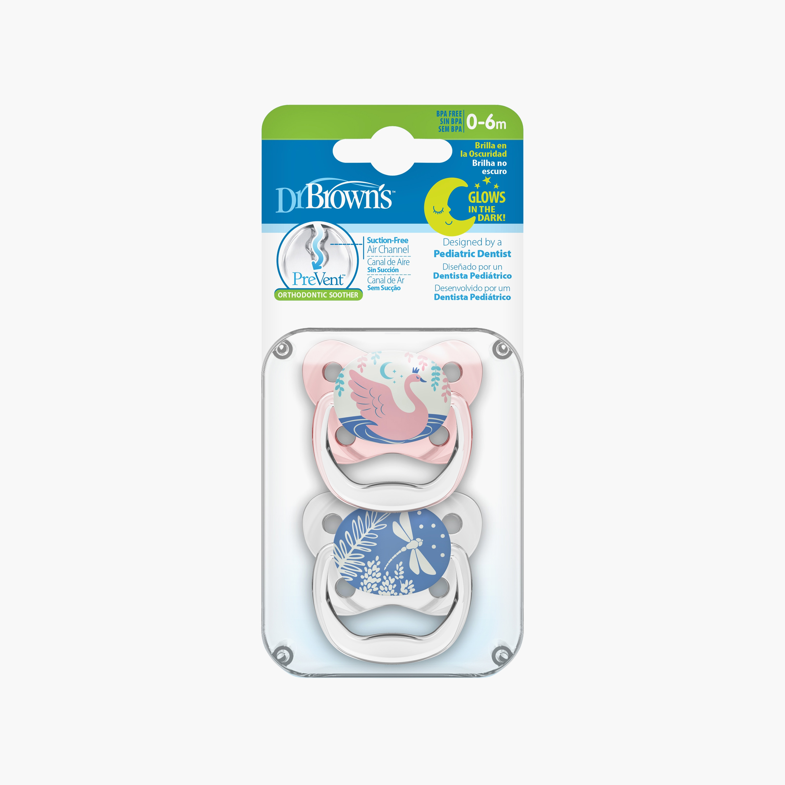 Dr. Brown's 2-Piece Butterfly Glow in The Dark Pacifiers, Stage 1, Pink-baby-feeding-pacifiers-image-1