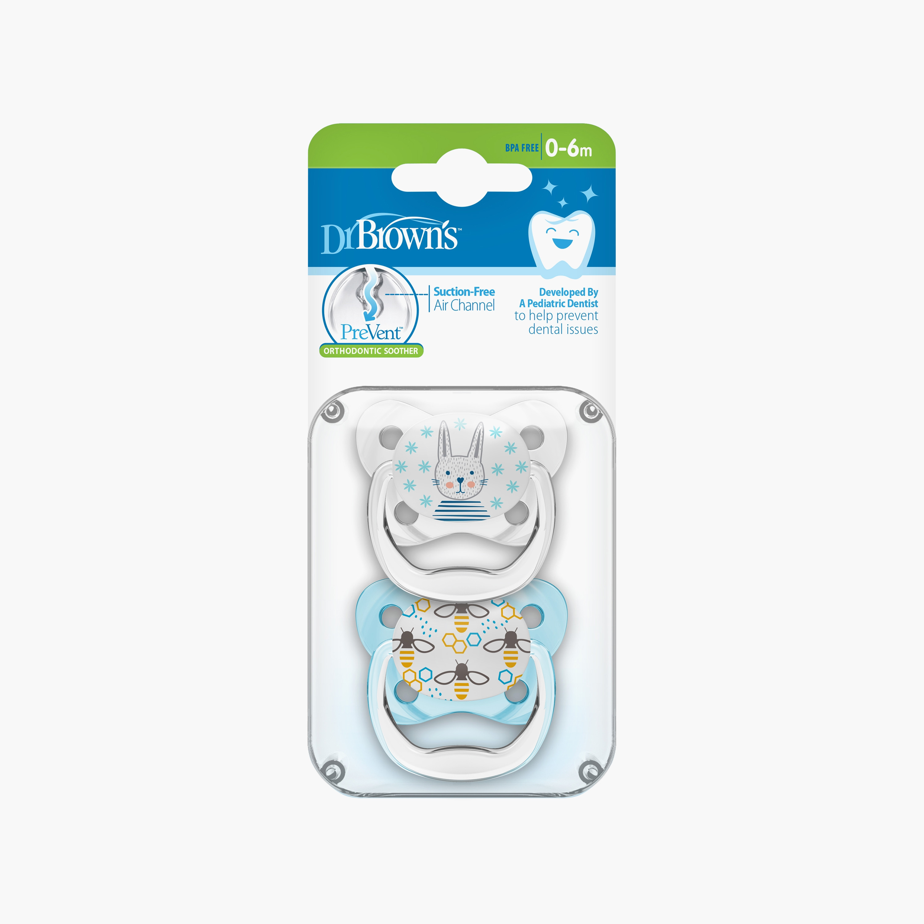 Dr. Brown's 2-Piece Prevent Butterfly Shield Soothers, Stage 1, Blue-baby-feeding-pacifiers-image-1