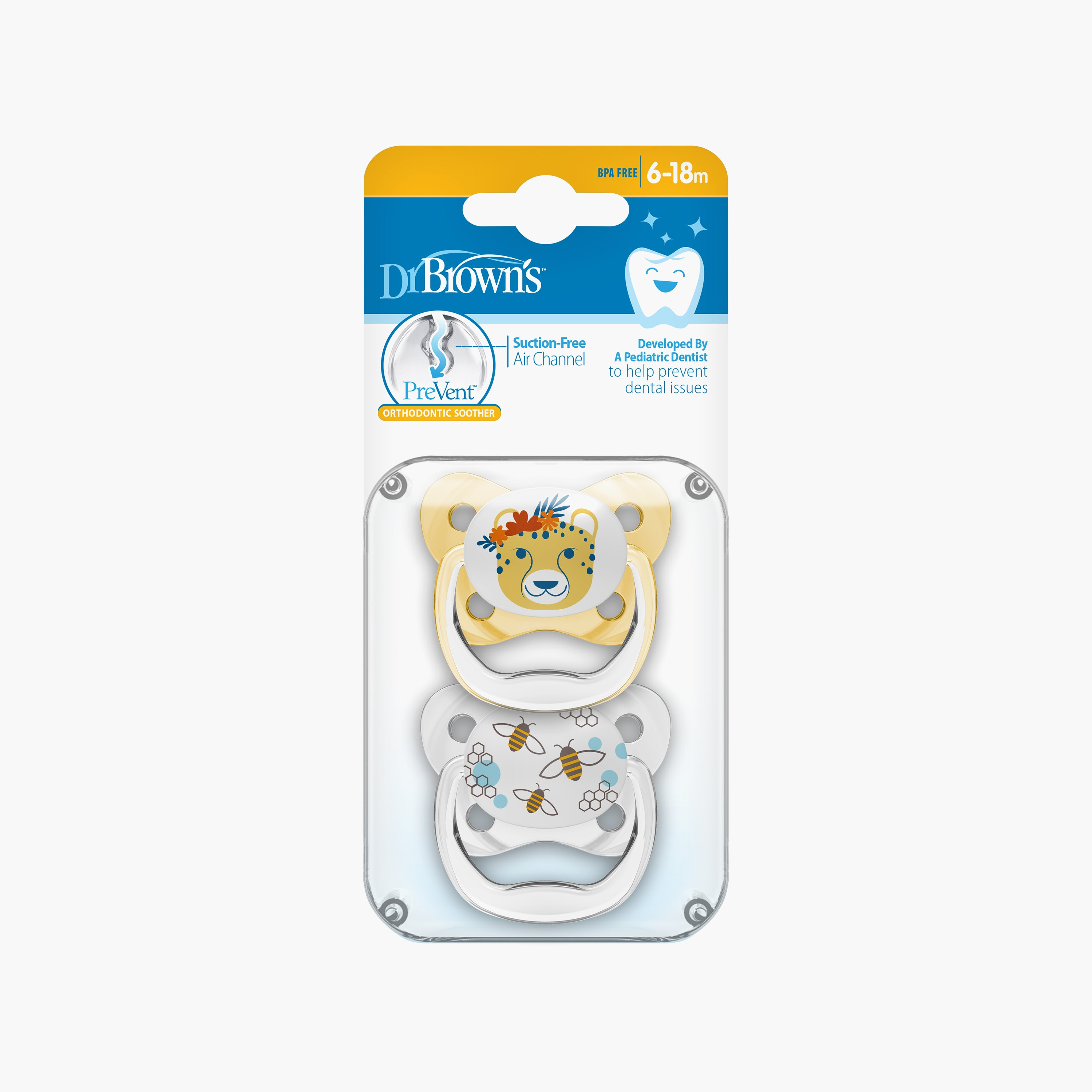 لهايات واقية فراشة بريفينت قطعتين من دكتور براونز، المرحلة 2، باللون الأصفر-baby-feeding-pacifiers-image-1