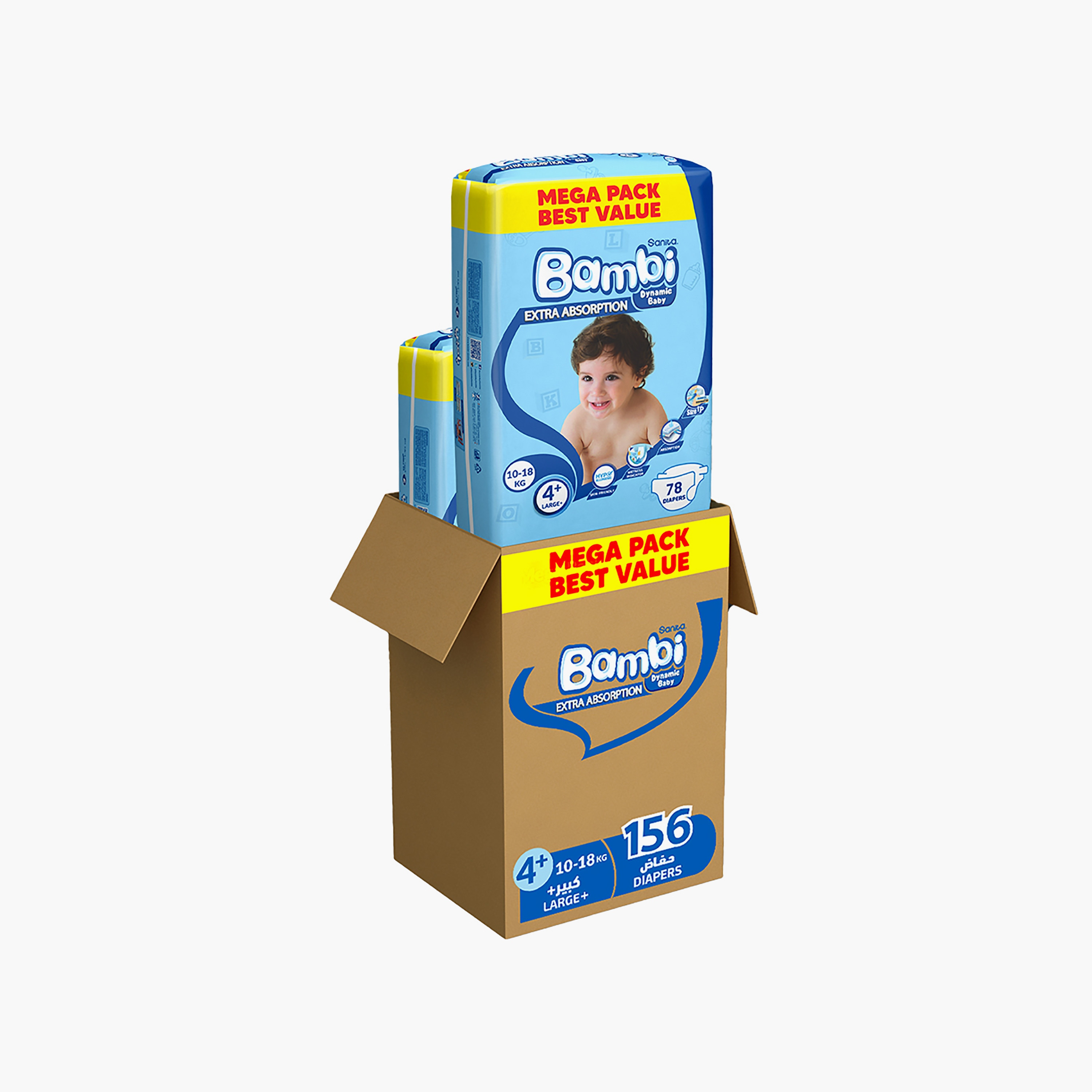 Sanita Bambi Diapers Mega Pack, Size 4+, 156-Piece, Large Plus, 10-18 kg-baby-diapering-diapers-image-1