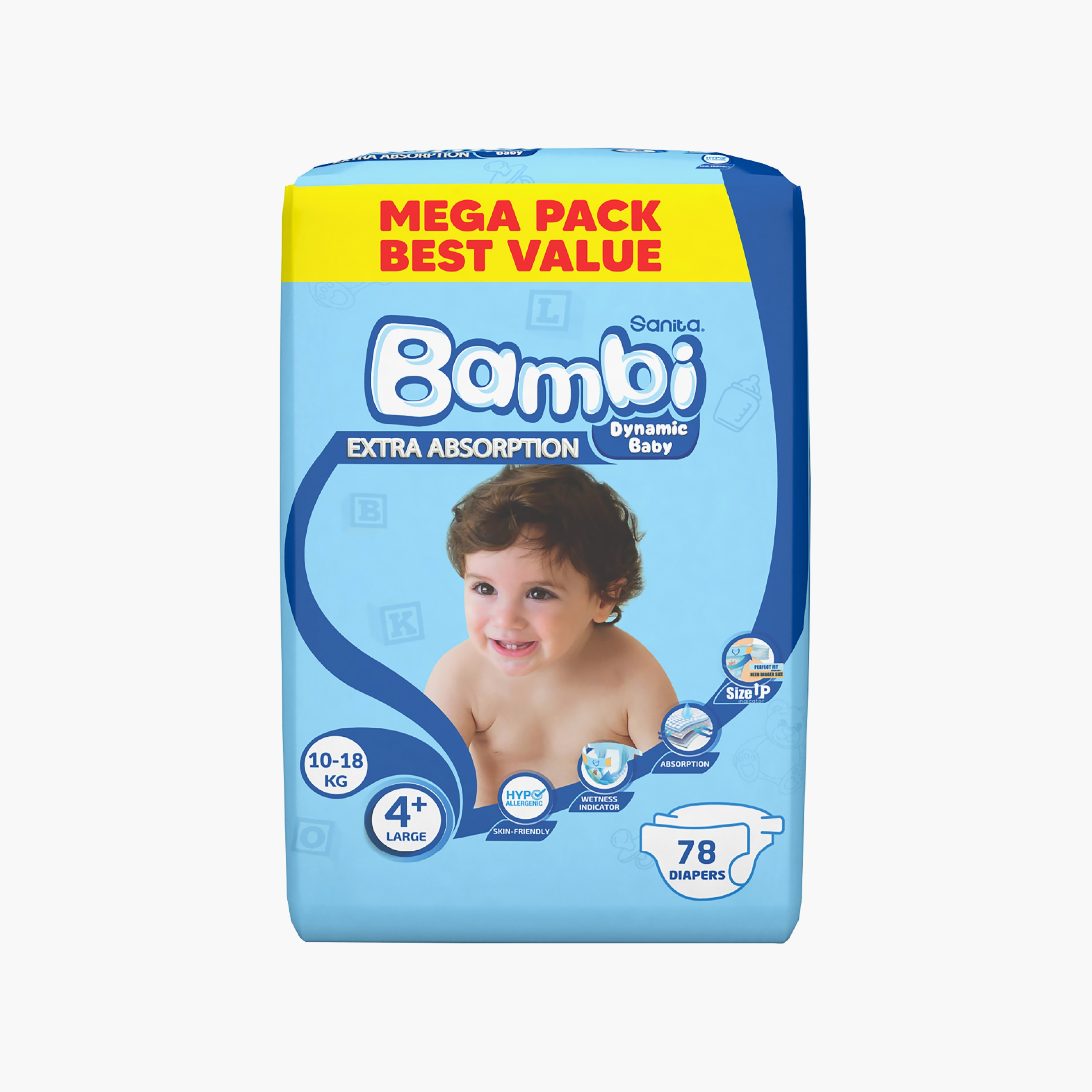 Sanita Bambi Diapers Mega Pack, Size 4+, 156-Piece, Large Plus, 10-18 kg-baby-diapering-diapers-image-2