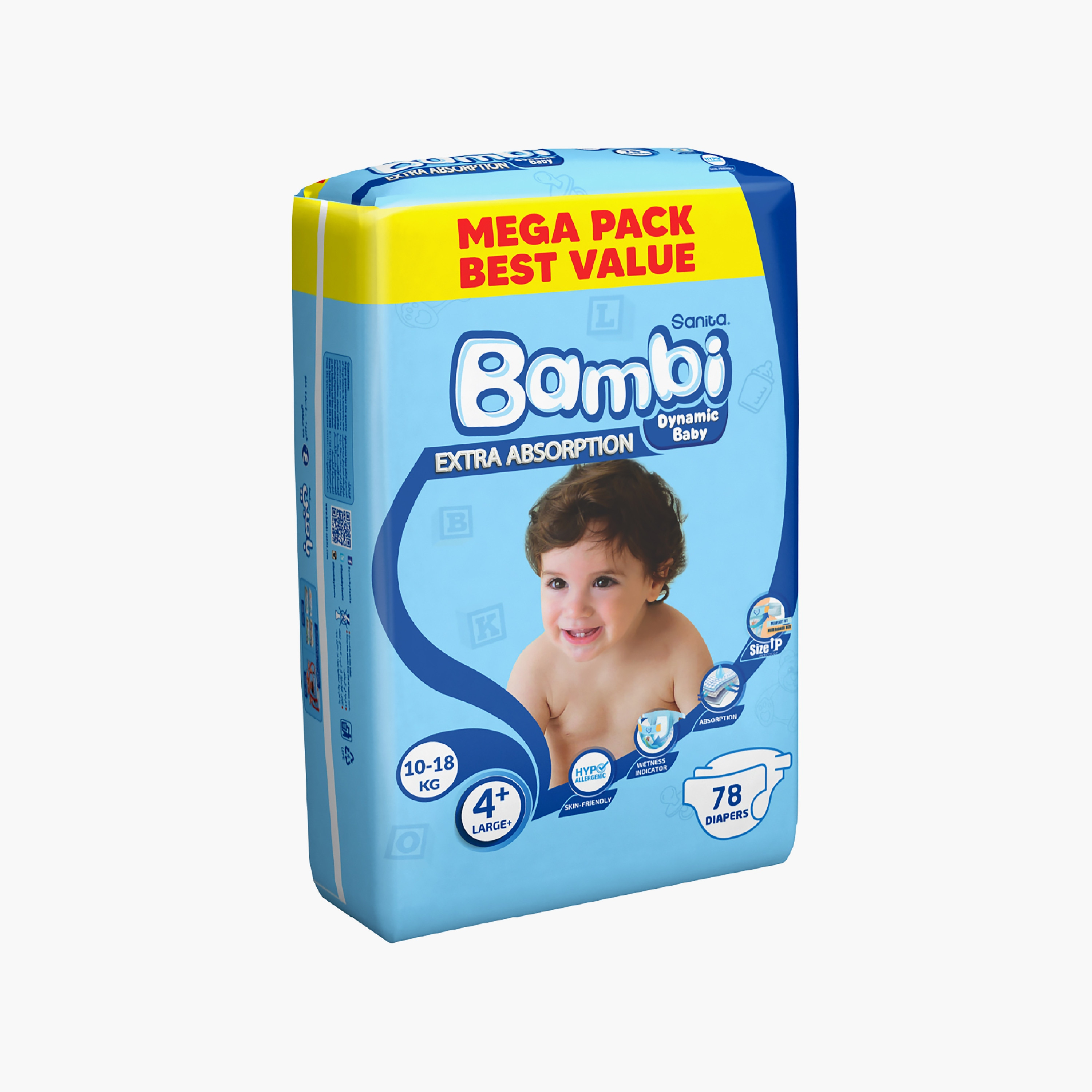 Sanita Bambi Diapers Mega Pack, Size 4+, 156-Piece, Large Plus, 10-18 kg-baby-diapering-diapers-image-3