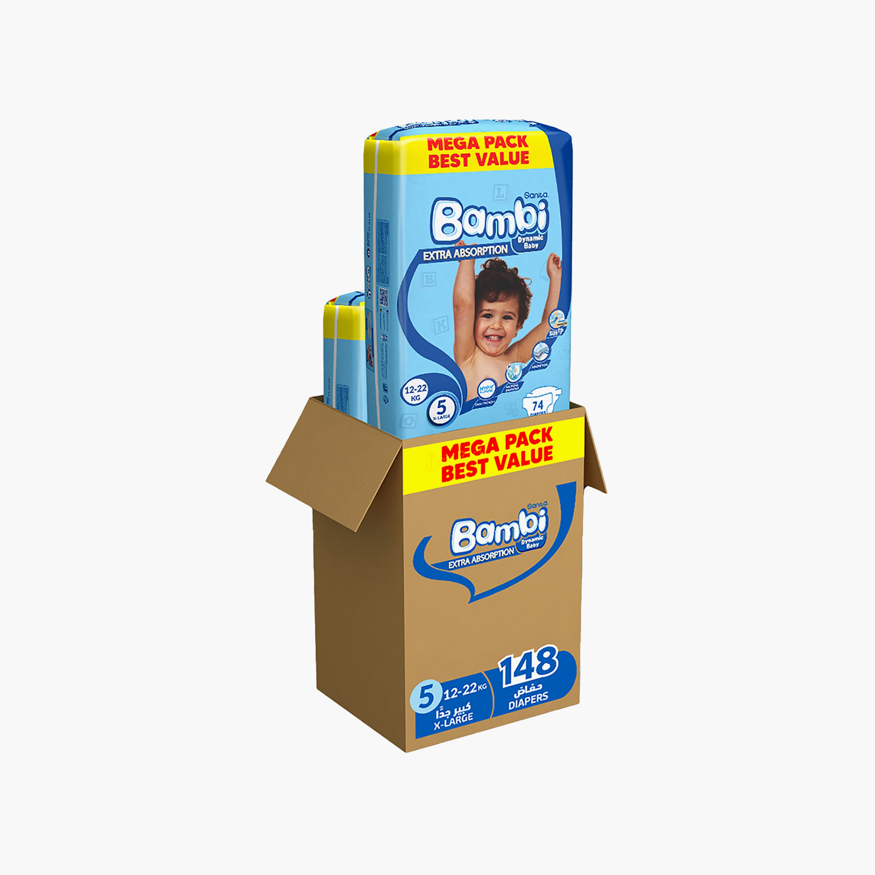 Sanita Bambi Diapers Mega Pack, Size 5, 148-Piece, X-Large, 12-22 kg-baby-diapering-diapers-image-1