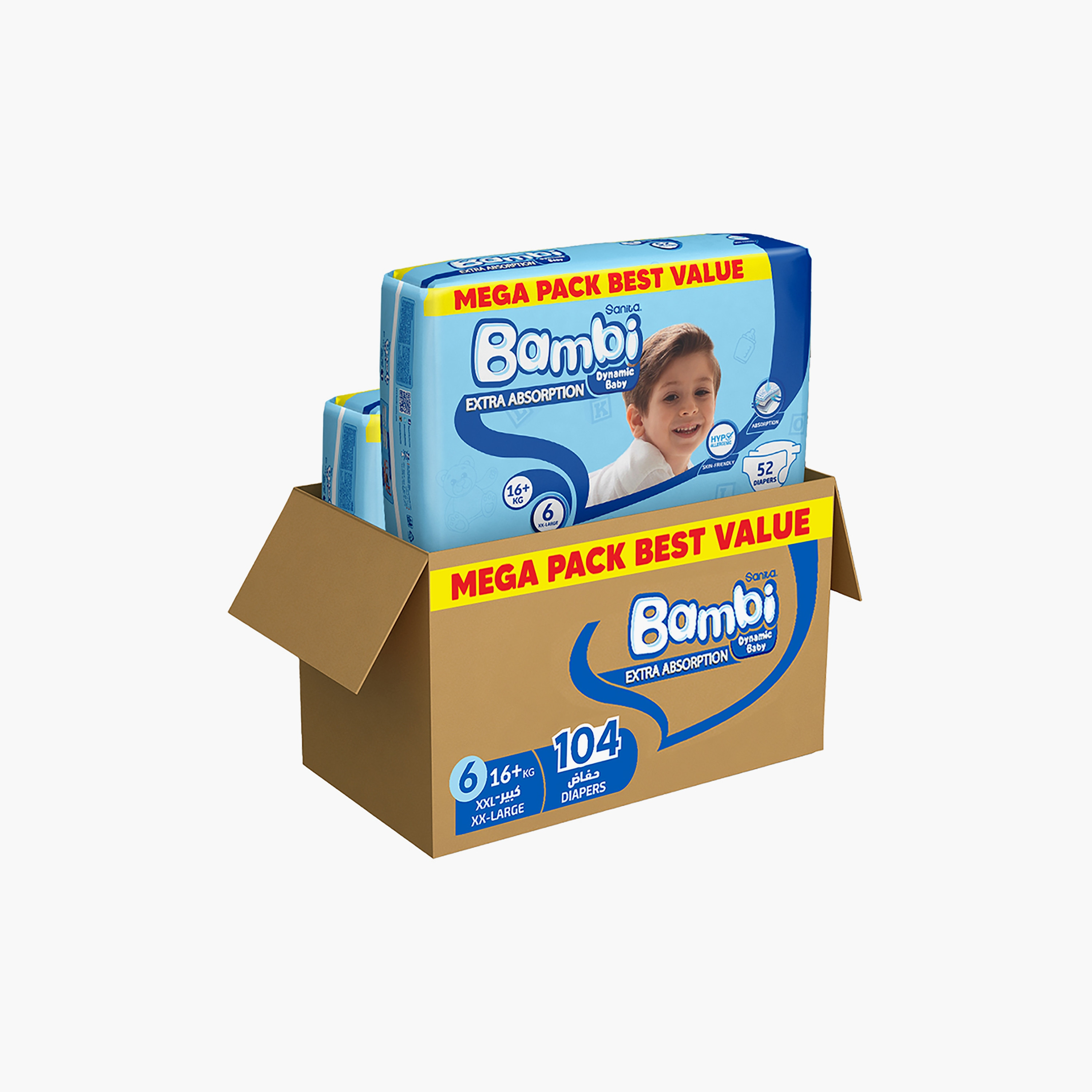 Sanita Bambi Diapers Mega Pack, Size 6, 104-Piece, XX-Large, +16 kg-baby-diapering-diapers-image-1