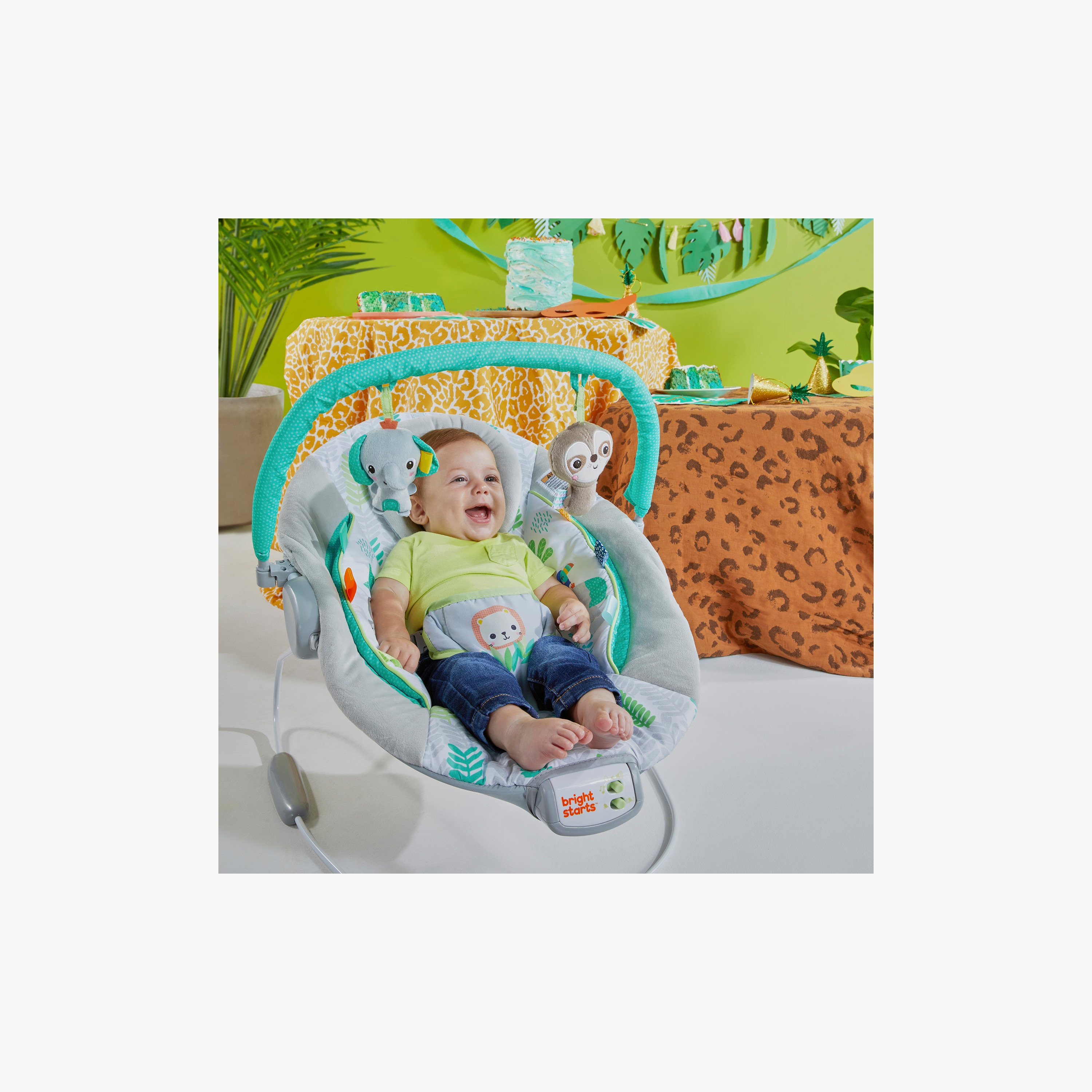 كرسي هزاز مريح من برايت ستارتس، جانجل فاينز-baby-infantactivity-bouncers-image-2
