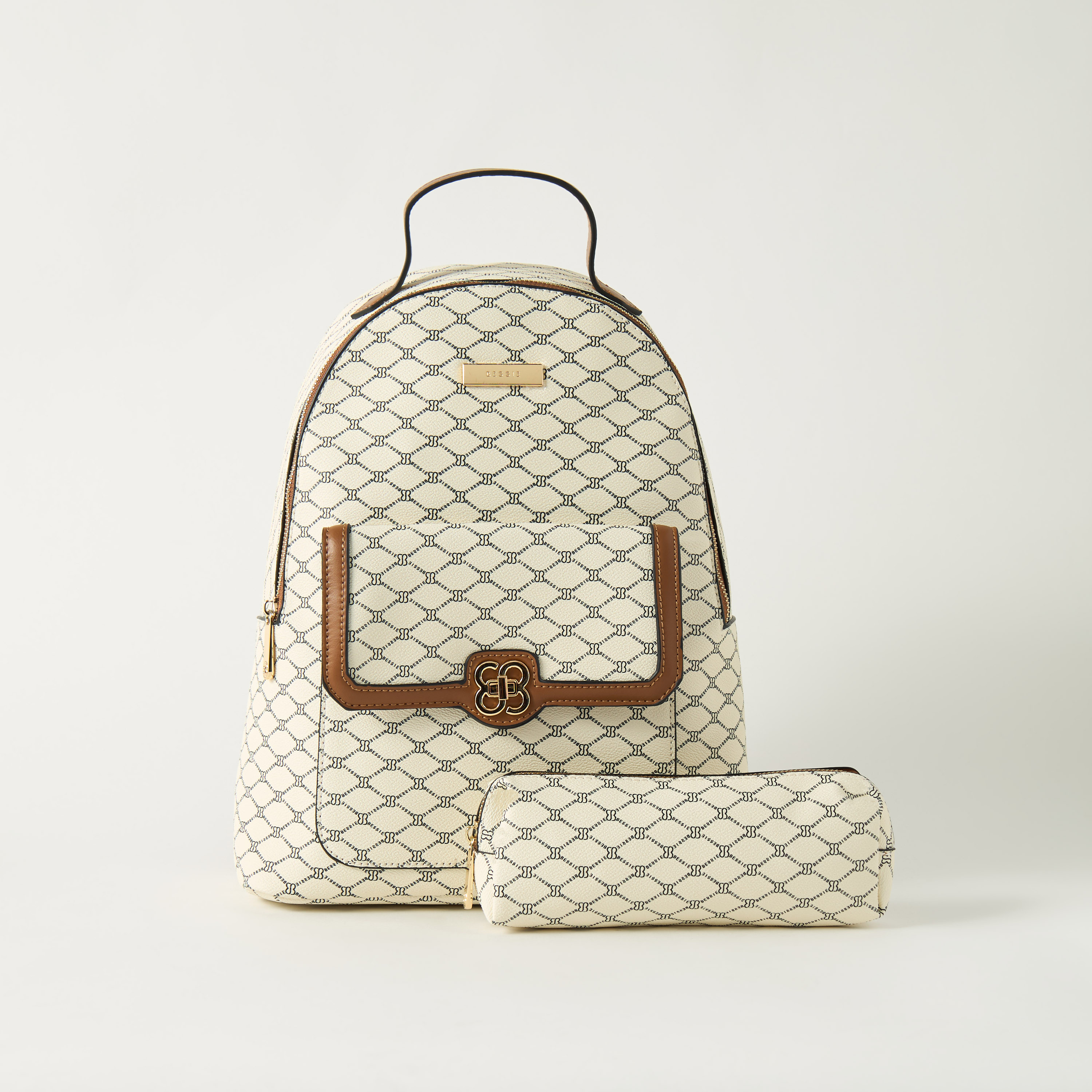 Buy Bessie London Monogram Print Backpack with Adjustable Straps and Pouch Splash UAE