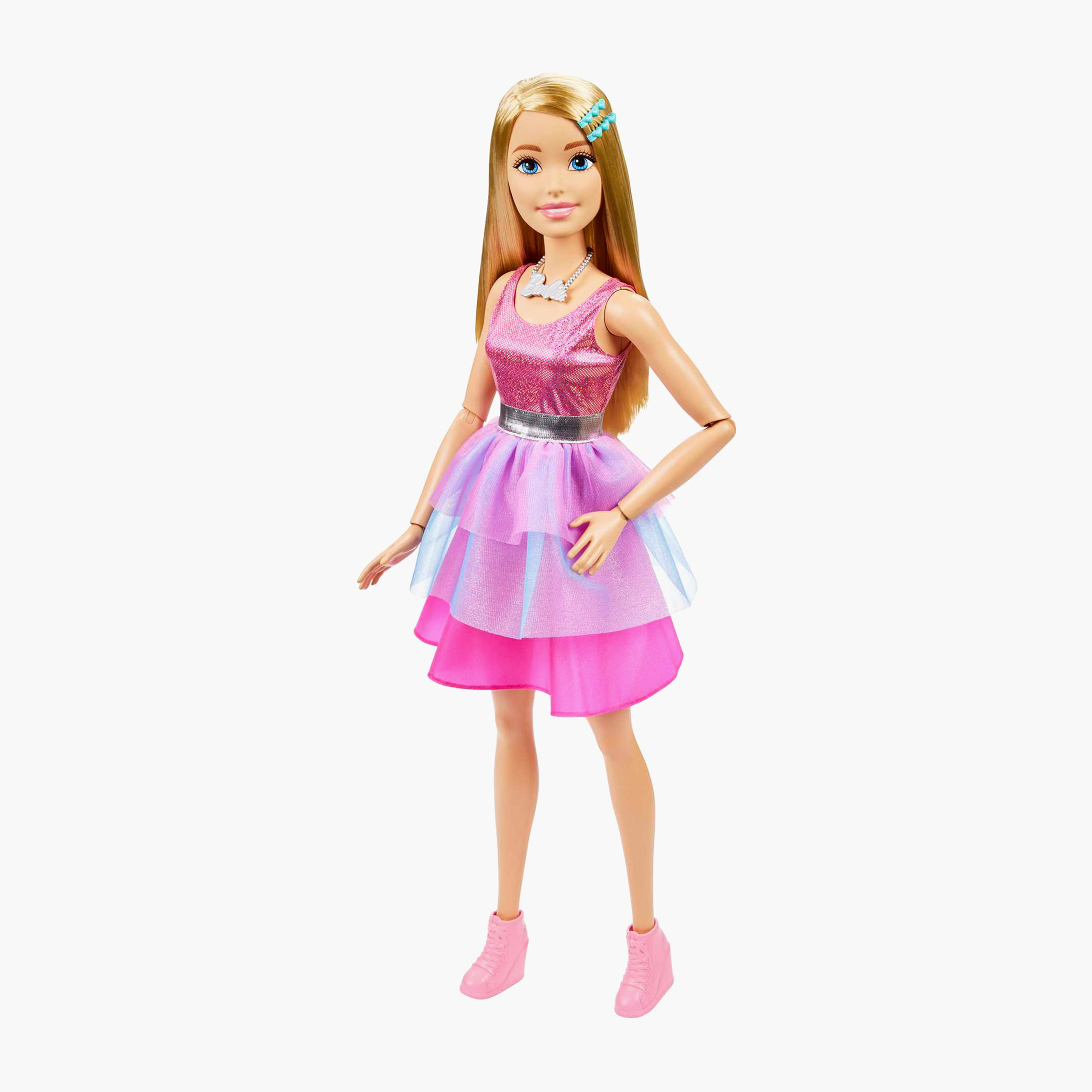 دمية باربي كبيرة طول 28 بوصة بشعر أشقر وفستان وردي لامع وقلادة وإكسسوارات شعر-toys-dollsandplaysets-dollplaysets-image-2