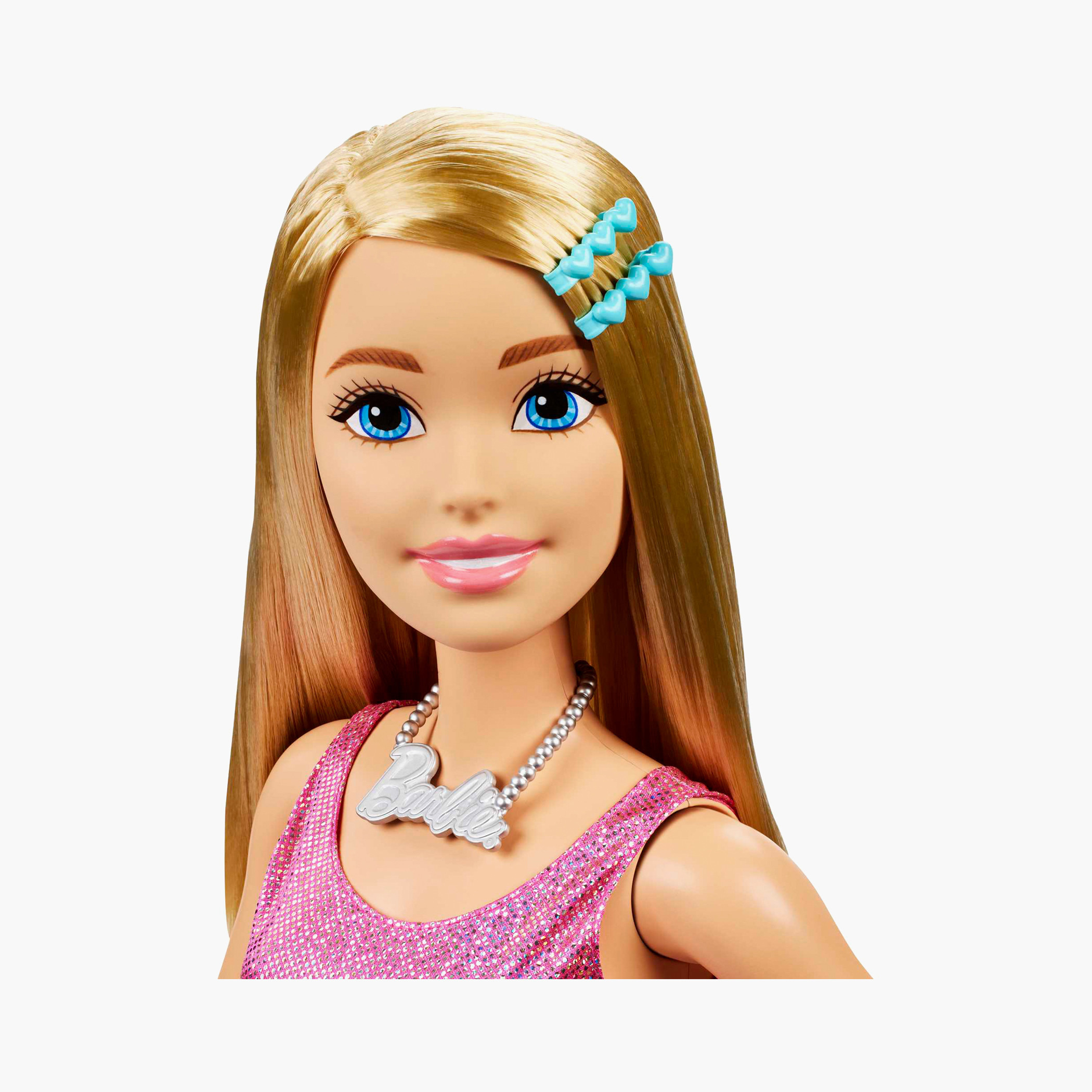 دمية باربي كبيرة طول 28 بوصة بشعر أشقر وفستان وردي لامع وقلادة وإكسسوارات شعر-toys-dollsandplaysets-dollplaysets-image-3