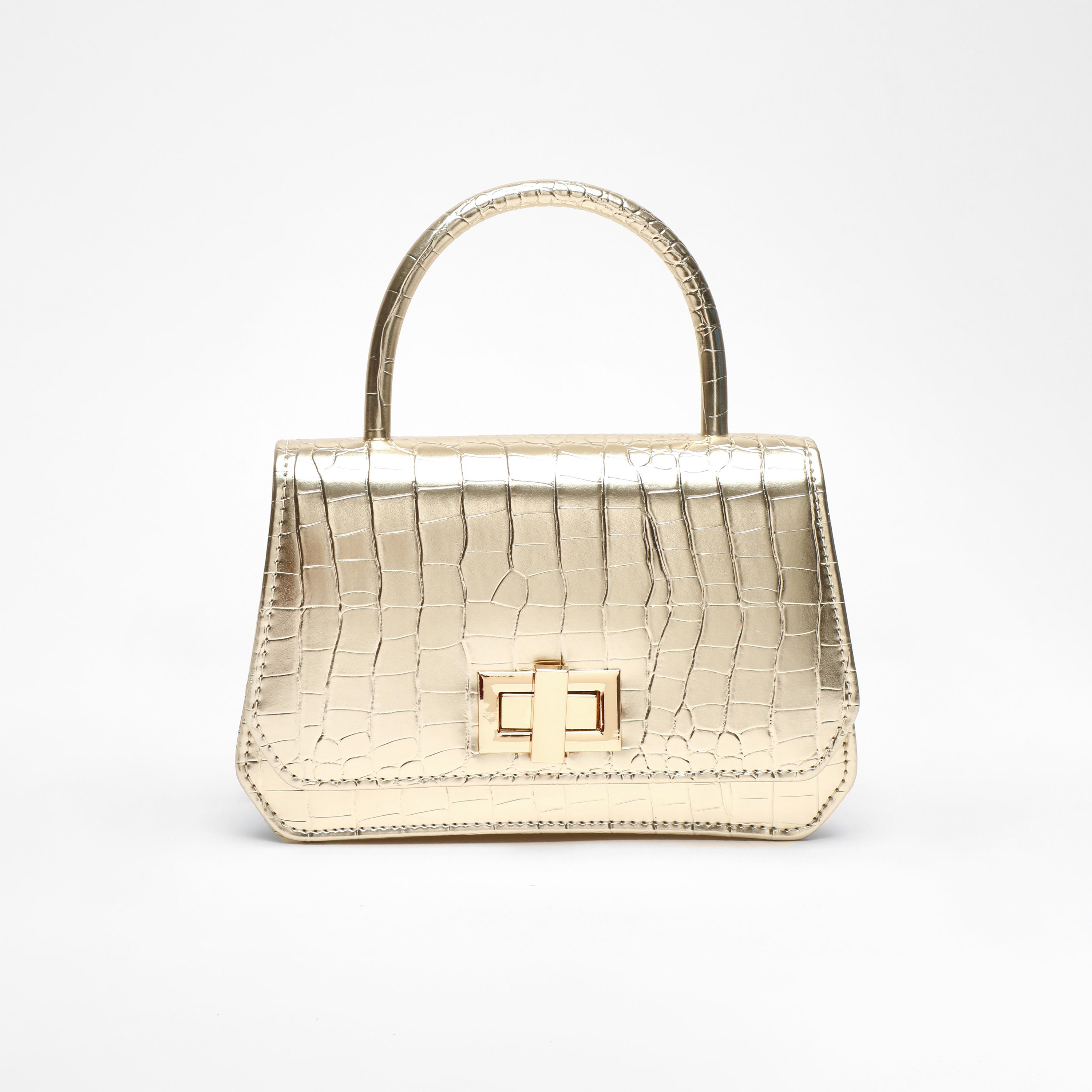 Quiz Metallic Croc Textured Top Handel Handheld Bag with Twist Lock and Chain Detachable Strap-women-bagsandwallets-handbags-image-1