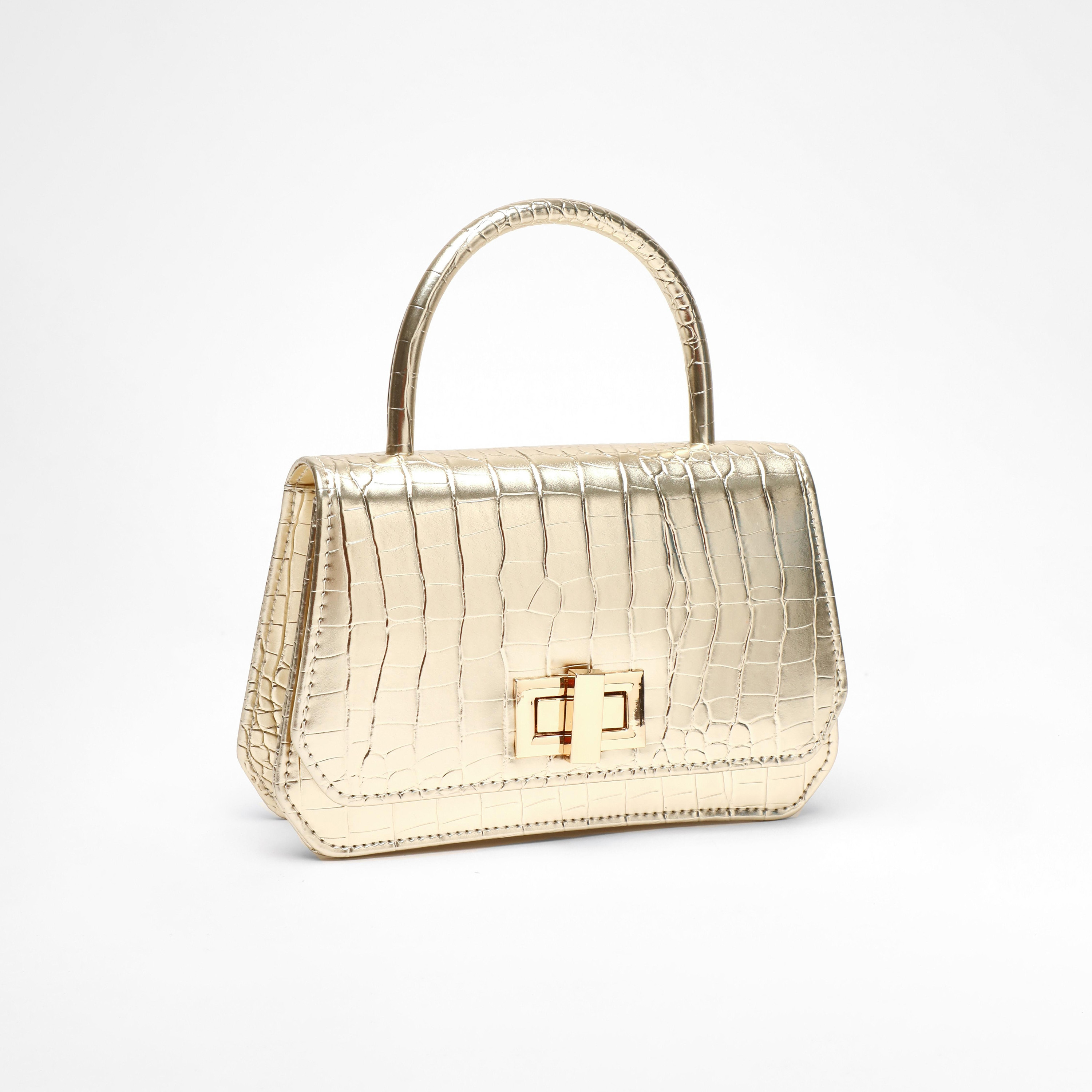 Quiz Metallic Croc Textured Top Handel Handheld Bag with Twist Lock and Chain Detachable Strap-women-bagsandwallets-handbags-image-2