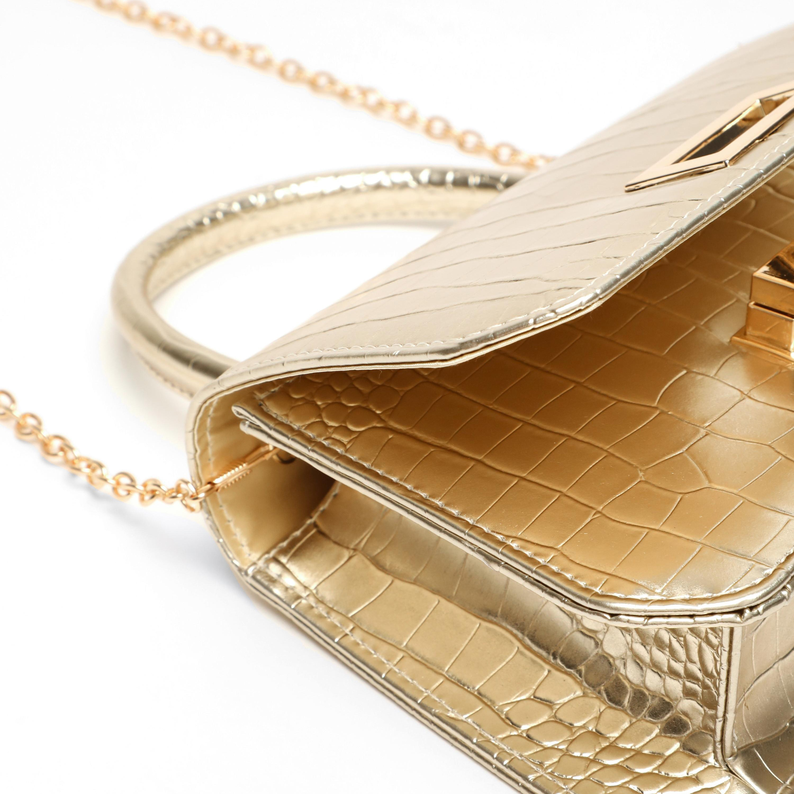 Quiz Metallic Croc Textured Top Handel Handheld Bag with Twist Lock and Chain Detachable Strap-women-bagsandwallets-handbags-image-3