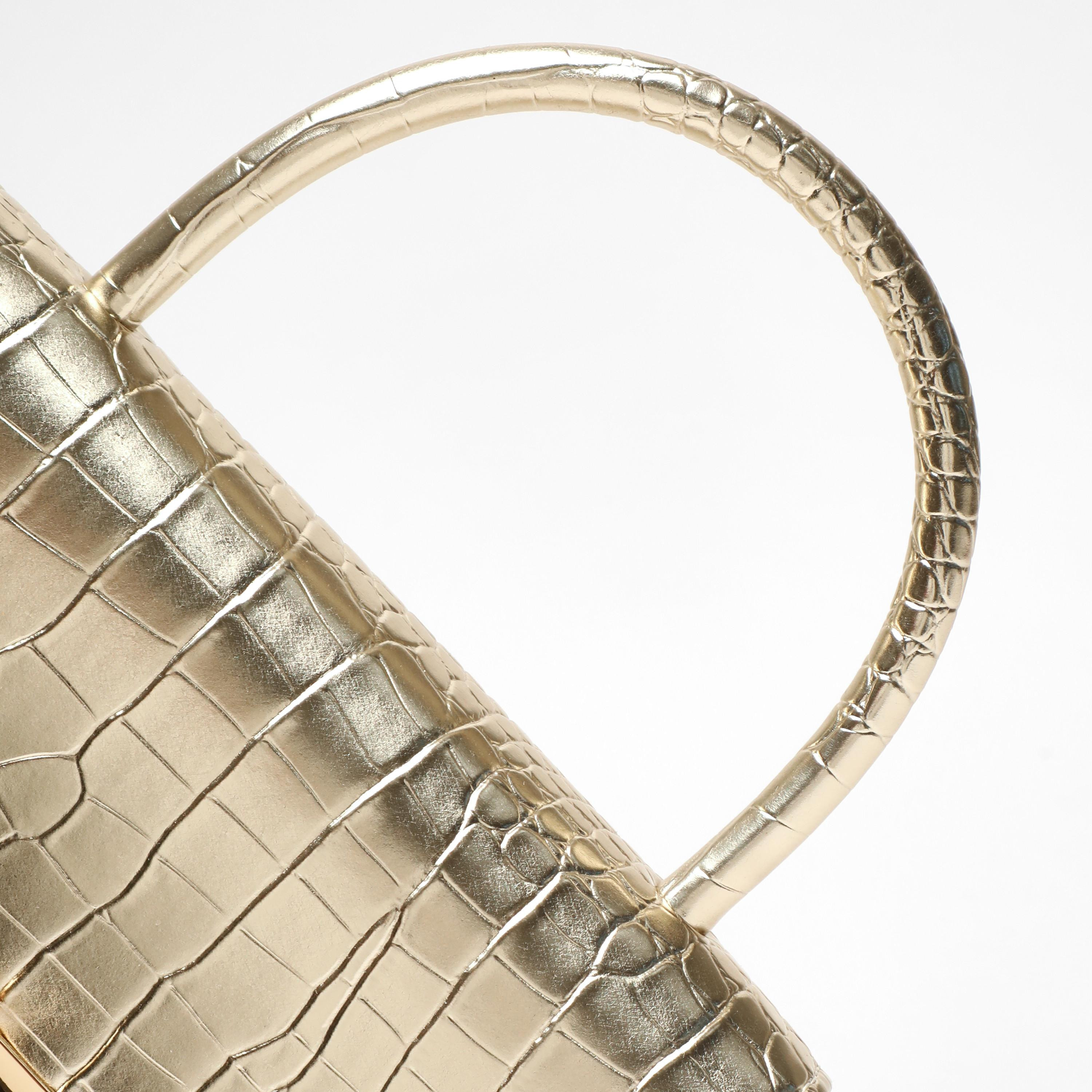 Quiz Metallic Croc Textured Top Handel Handheld Bag with Twist Lock and Chain Detachable Strap-women-bagsandwallets-handbags-image-5