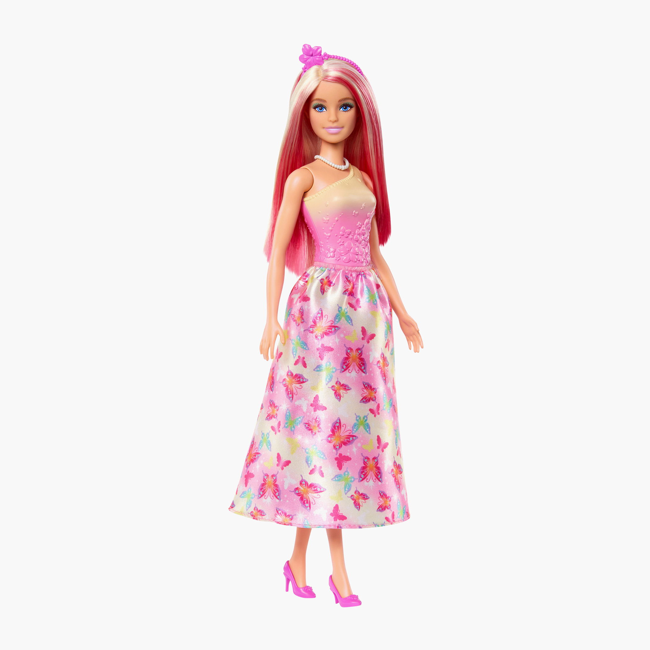 دمية باربي الملكية بشعر أشقر وردي وبلوزة أومبري وتنورة بطبعات فراشات مع إكسسوارات ملونة-toys-dollsandplaysets-dollplaysets-image-1