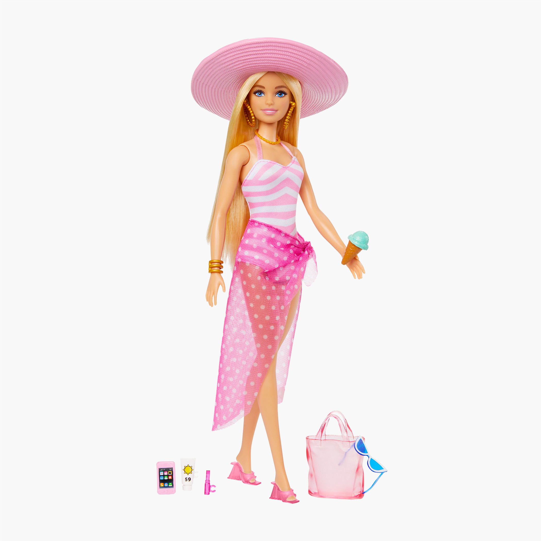 Blonde Barbie Doll with Pink and White Swimsuit, Sun Hat, Tote Bag and Beach-Themed Accessories-toys-dollsandplaysets-dolls-image-1