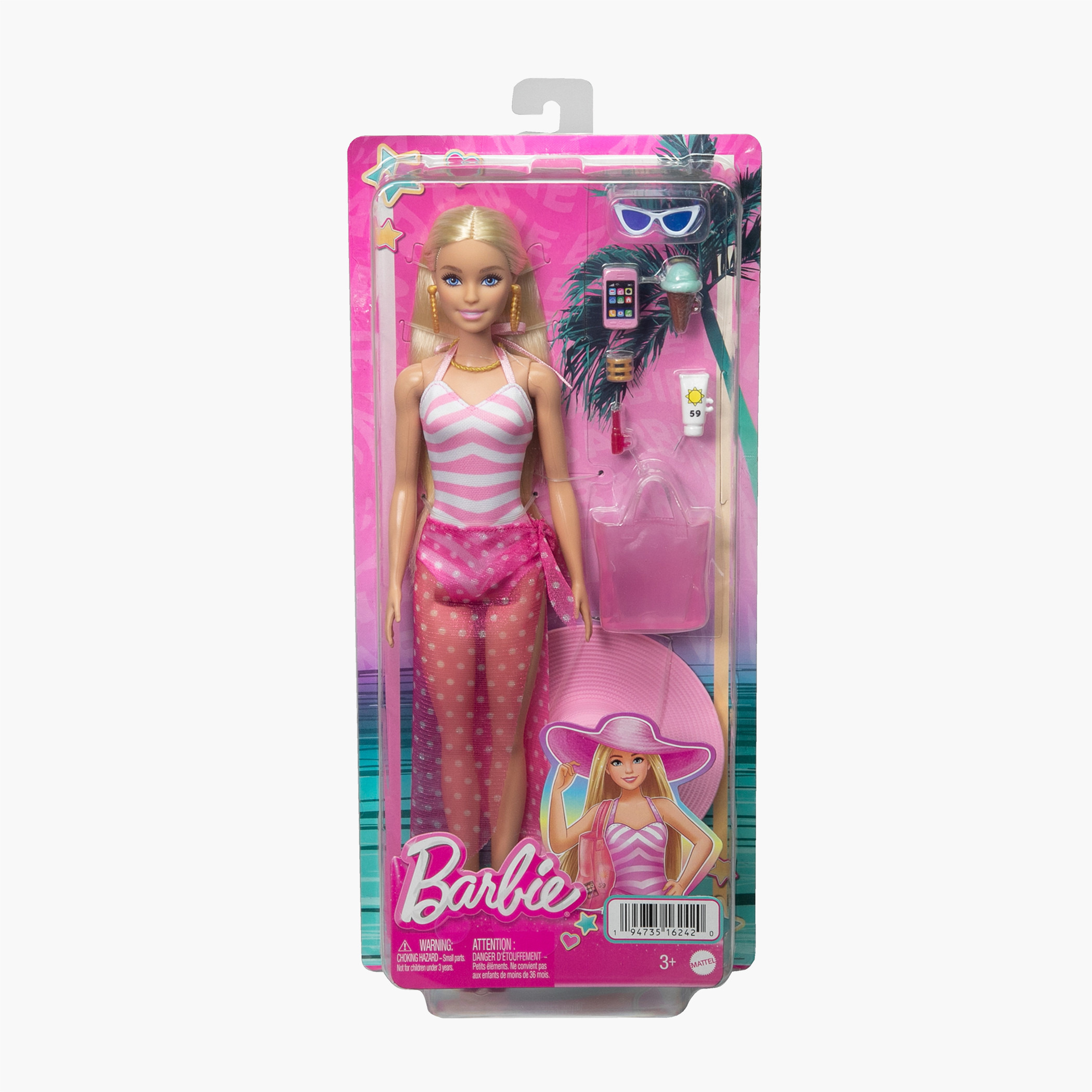 Blonde Barbie Doll with Pink and White Swimsuit, Sun Hat, Tote Bag and Beach-Themed Accessories-toys-dollsandplaysets-dolls-image-6