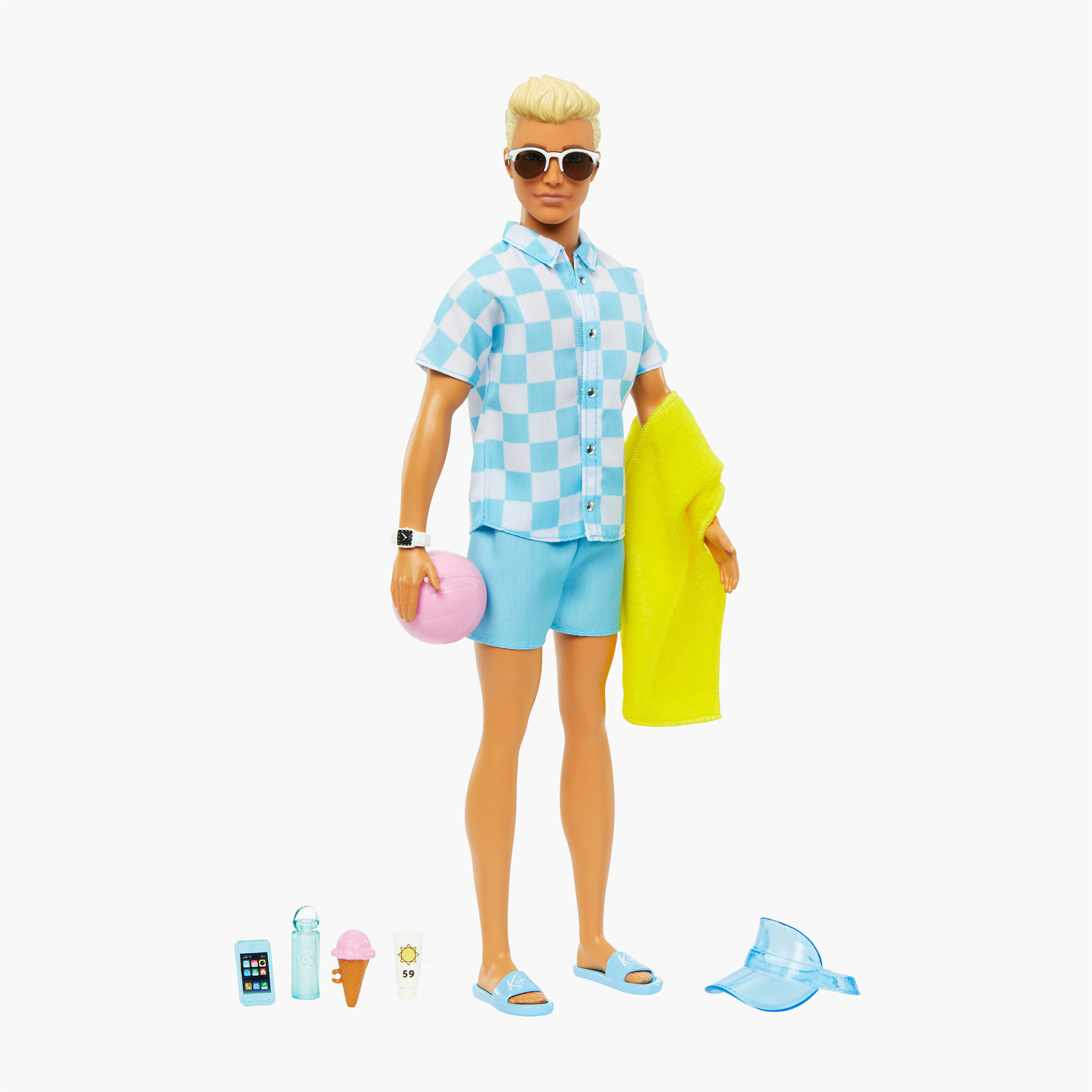Blonde Ken Doll with Blue Button Down and Swim Trunks, Visor, Towel and Beach-Themed Accessories-toys-dollsandplaysets-dolls-image-1