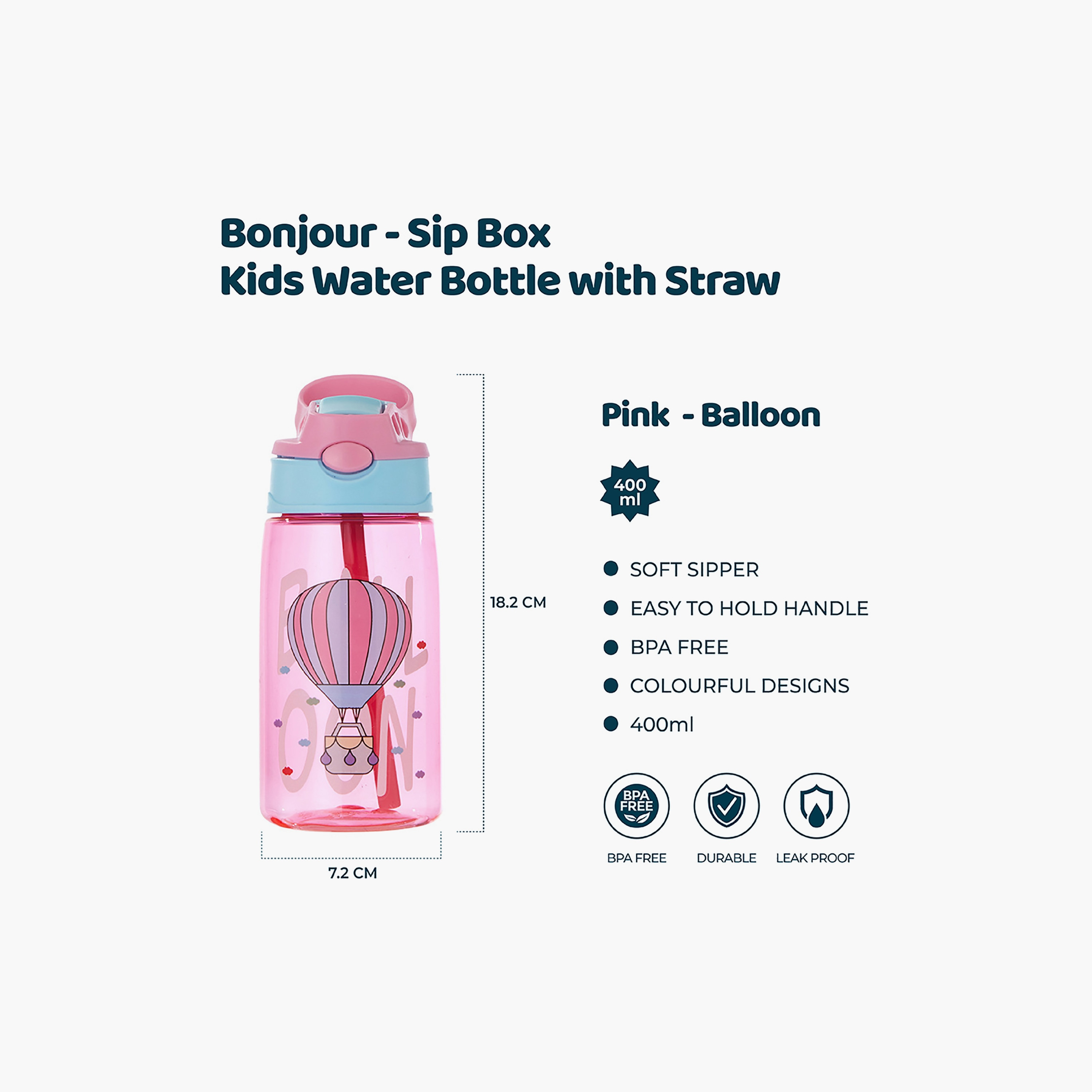 Bonjour Leakproof And Spill Proof Water Bottle with Straw, Balloon, Pink, 400 ml-school-waterbottles-image-2