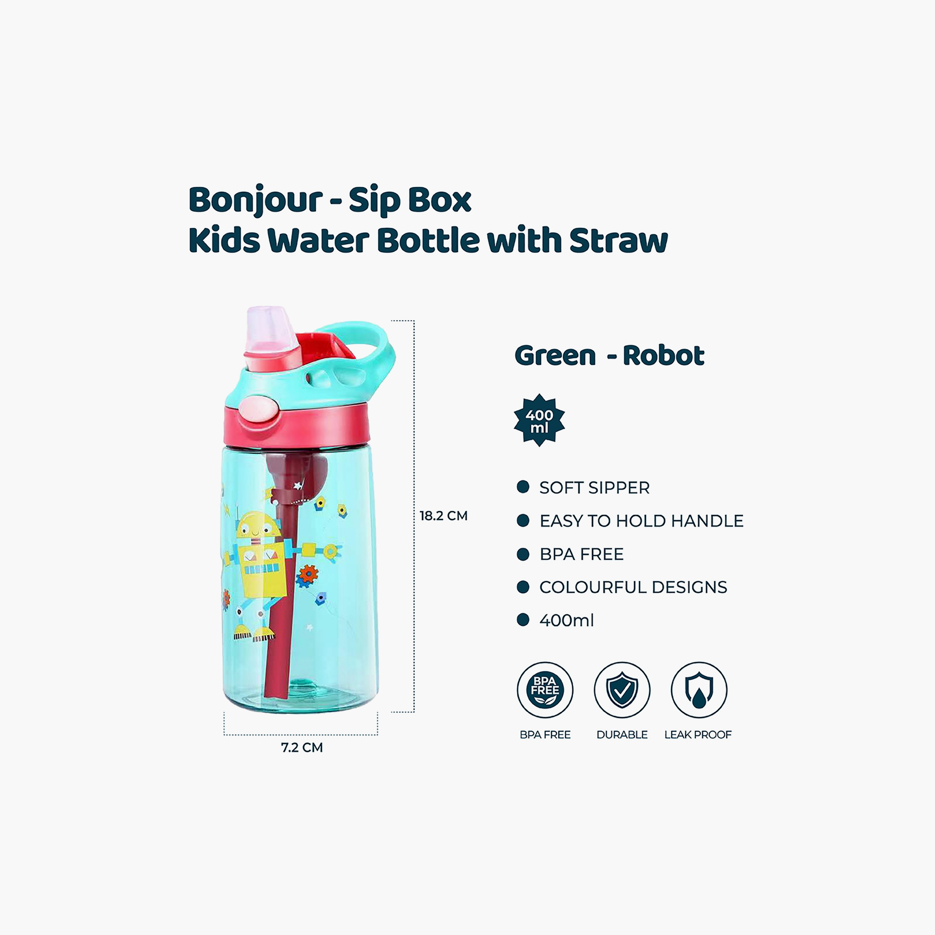 Bonjour Leakproof And Spill Proof Water Bottle with Straw, Robot, Green, 400 ml-school-waterbottles-image-2