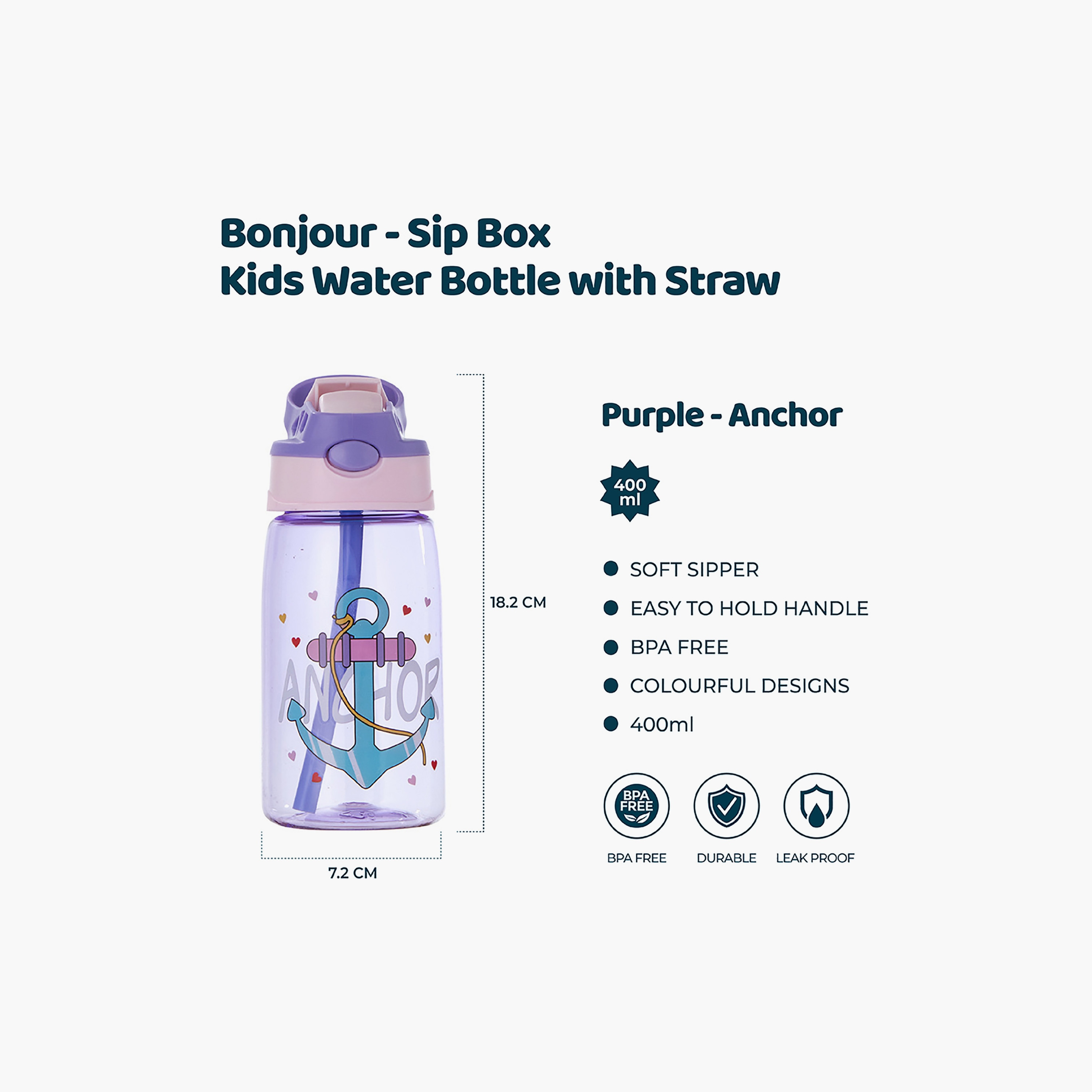 Bonjour Leakproof And Spill Proof Water Bottle with Straw, Anchor, Purple, 400 ml-school-waterbottles-image-2