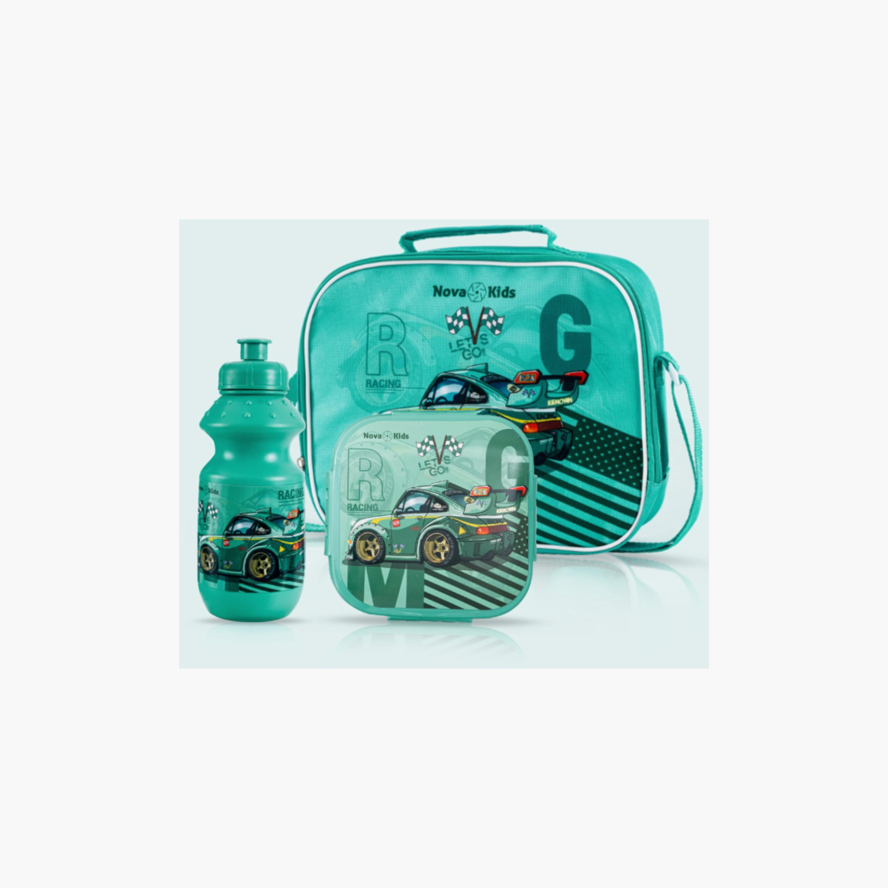 Nova Kids Lunch & Water Bottle with Lunch Bag, Racing, Green-school-lunchessentials-sets-image-1