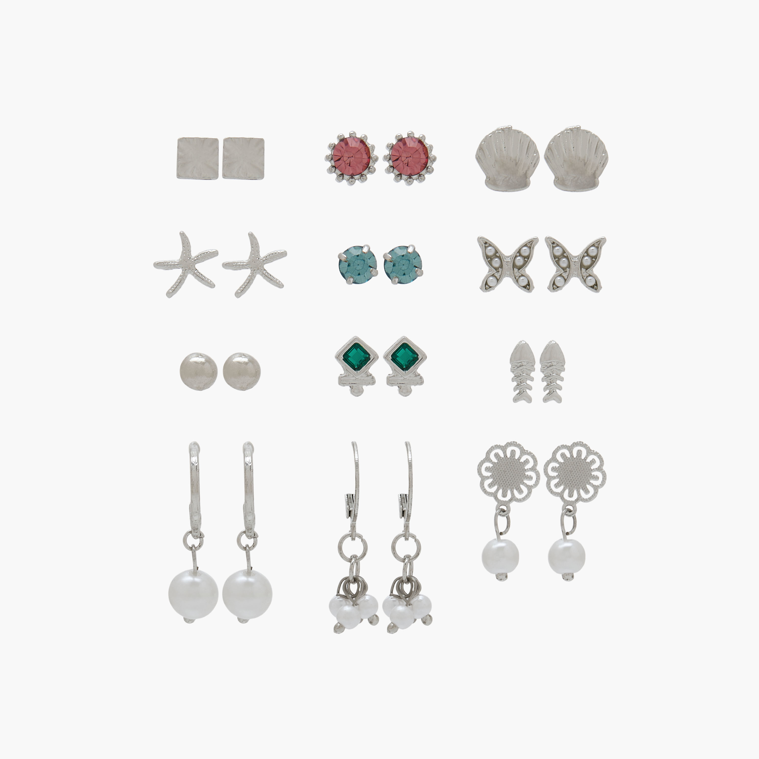 Pack of 12 Silver Tone Assorted Earrings-women-watchesandjewellery-jewellery-earrings-image-1