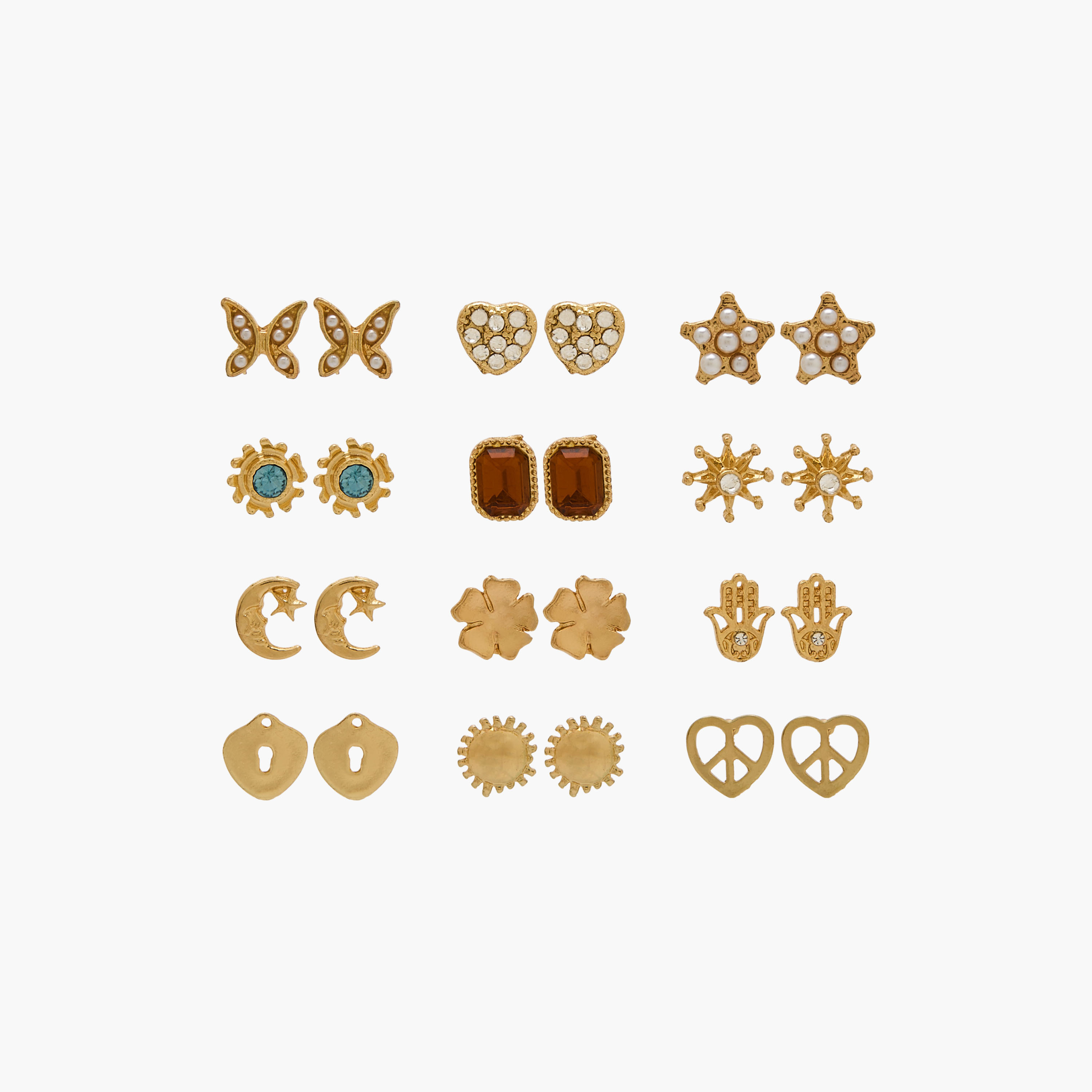 طقم حلقان مرصعة بلون ذهبي 12 قطعة بمكبس إغلاق خلفي-women-watchesandjewellery-jewellery-earrings-image-1
