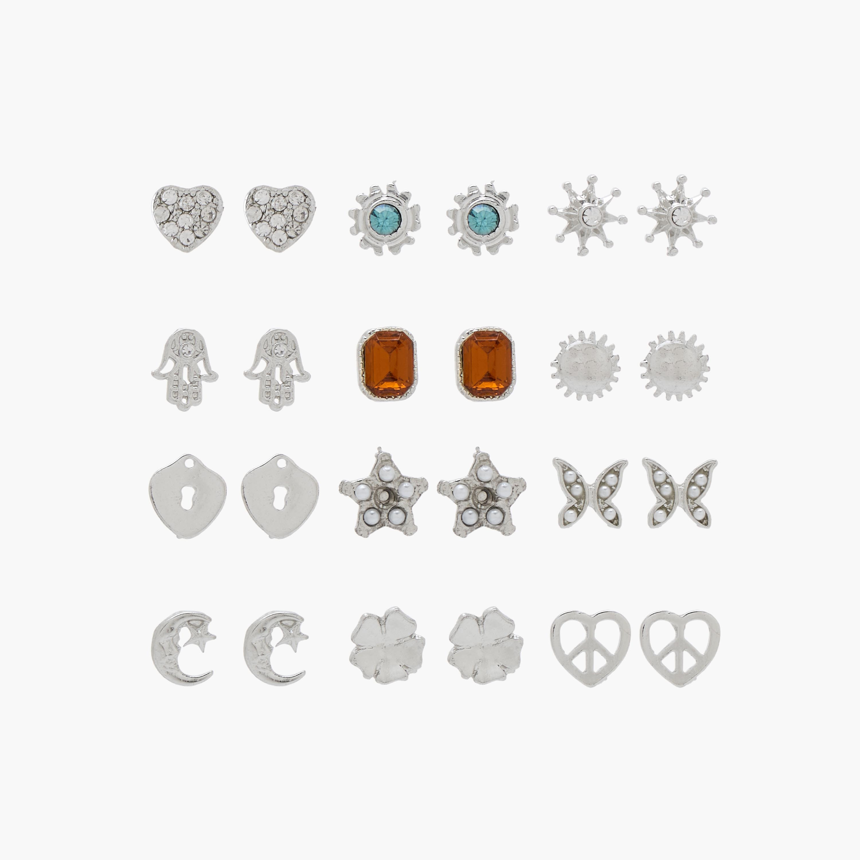 Pack of 12 Silver Tone Stud Earrings with Pushback Closure-women-watchesandjewellery-jewellery-earrings-image-1