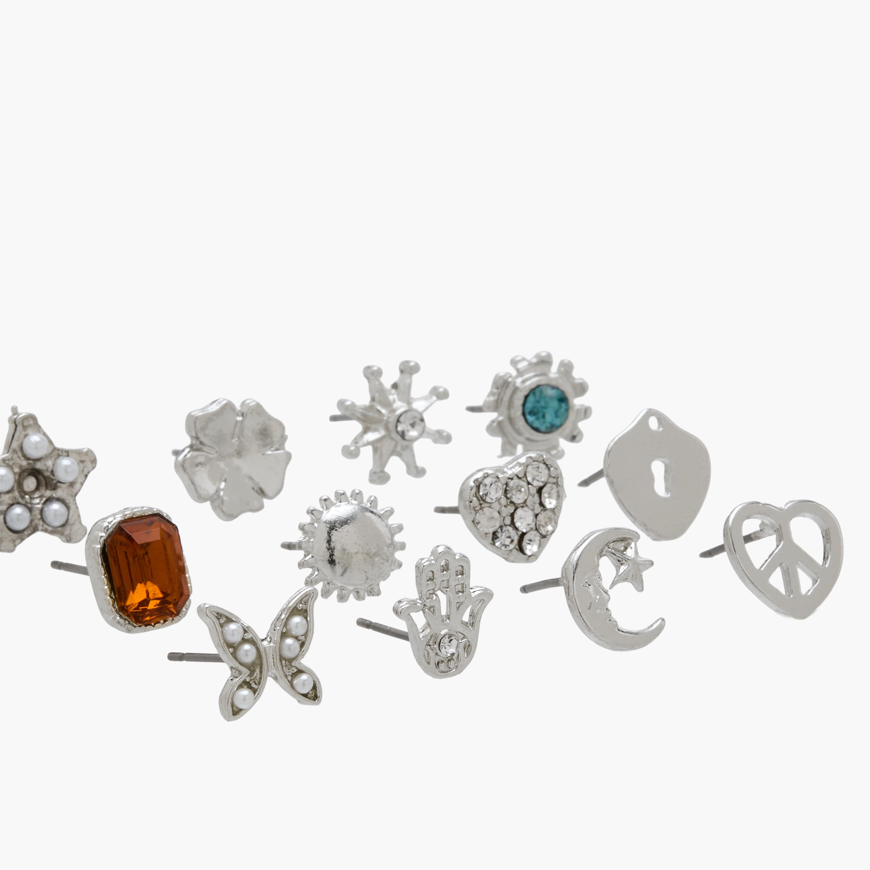 Pack of 12 Silver Tone Stud Earrings with Pushback Closure-women-watchesandjewellery-jewellery-earrings-image-3