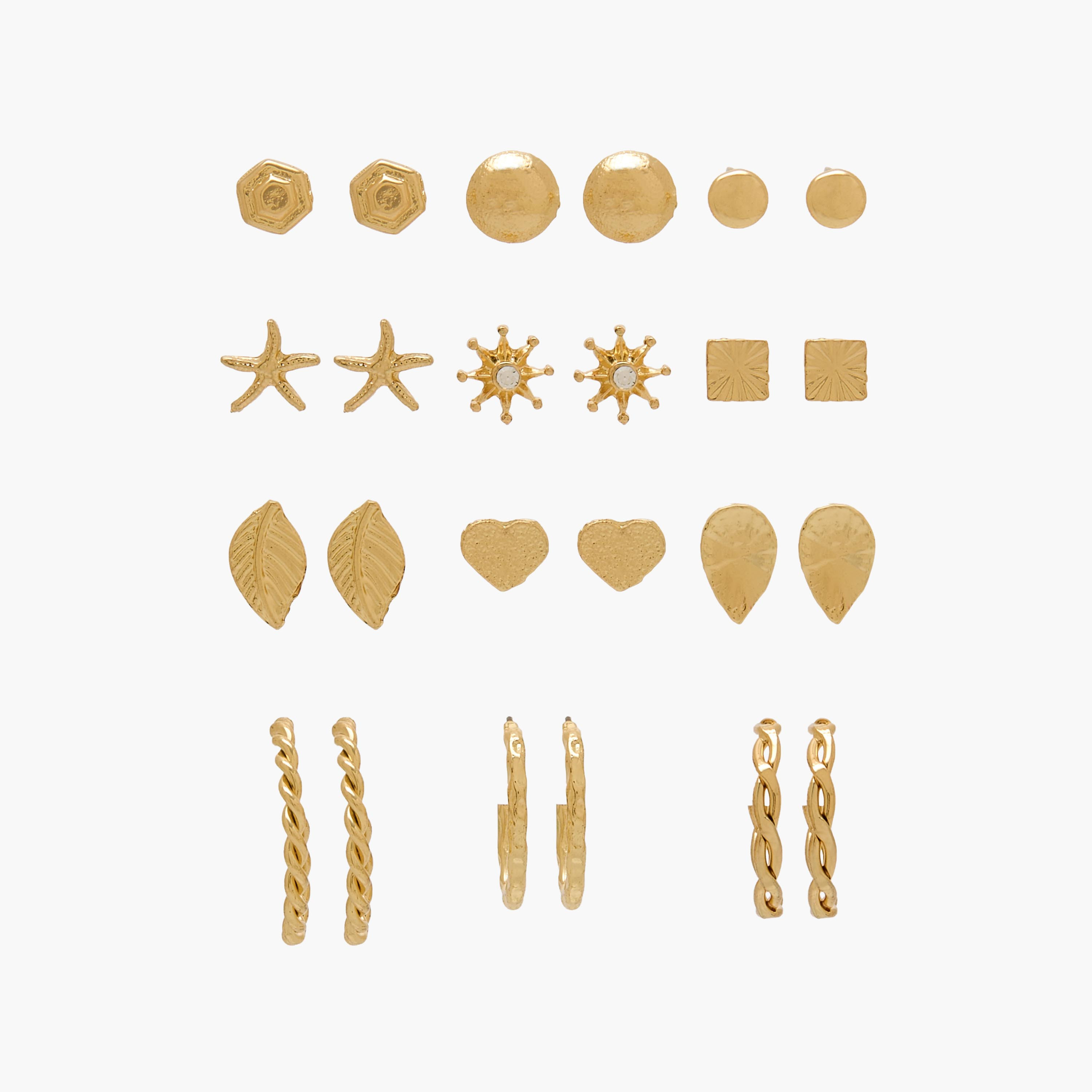 طقم حلقان بلون ذهبي 12 قطعة بمكبس إغلاق خلفي-women-watchesandjewellery-jewellery-earrings-image-1