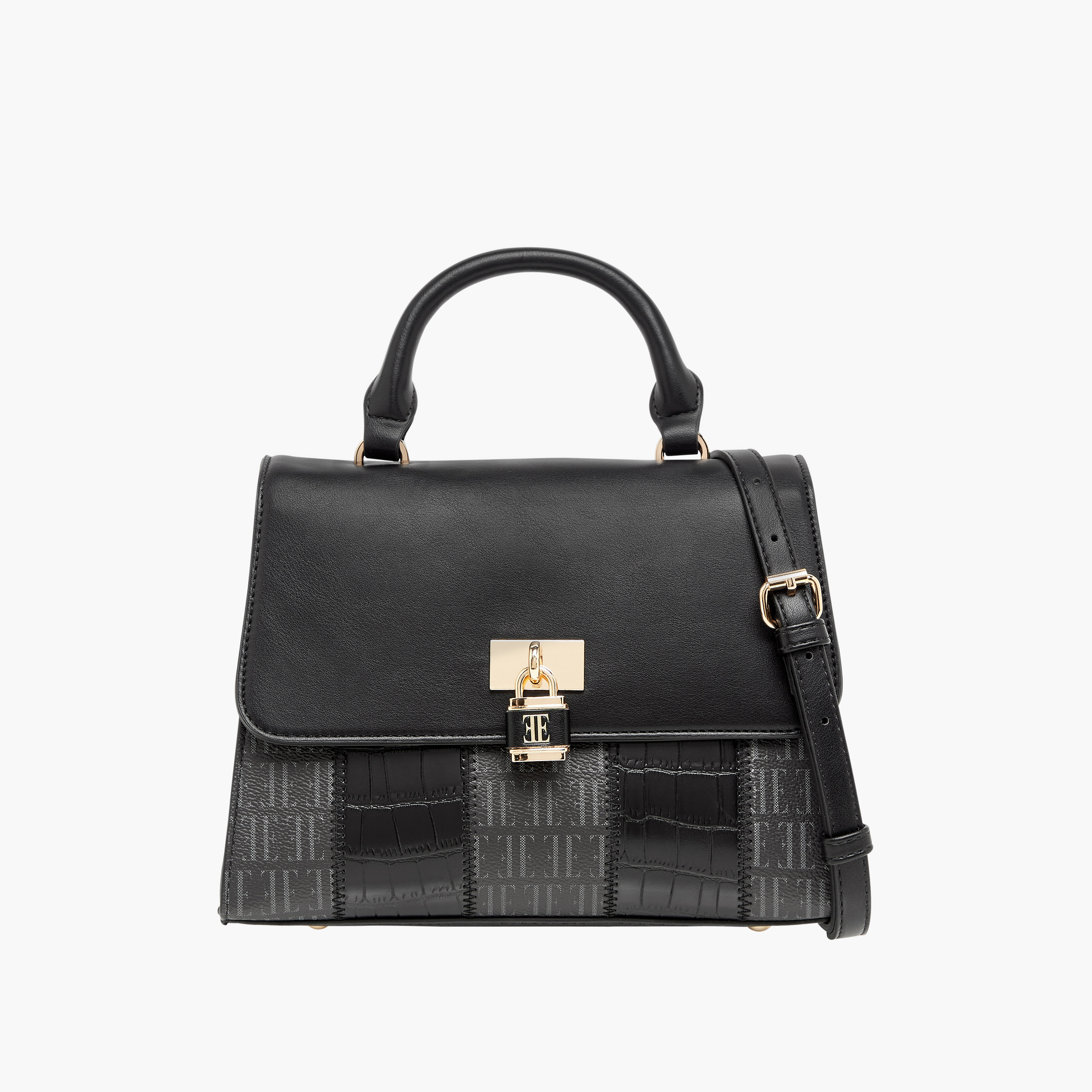 Elle Monogram Print Satchel Bag with Adjustable Strap and Button Closure-women-bagsandwallets-handbags-image-1
