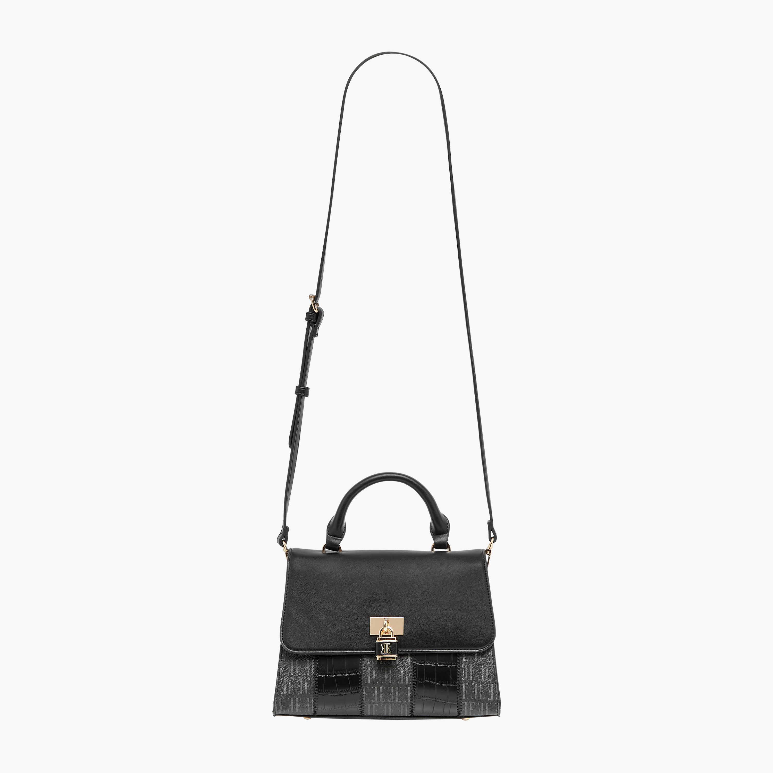 Elle Monogram Print Satchel Bag with Adjustable Strap and Button Closure-women-bagsandwallets-handbags-image-2