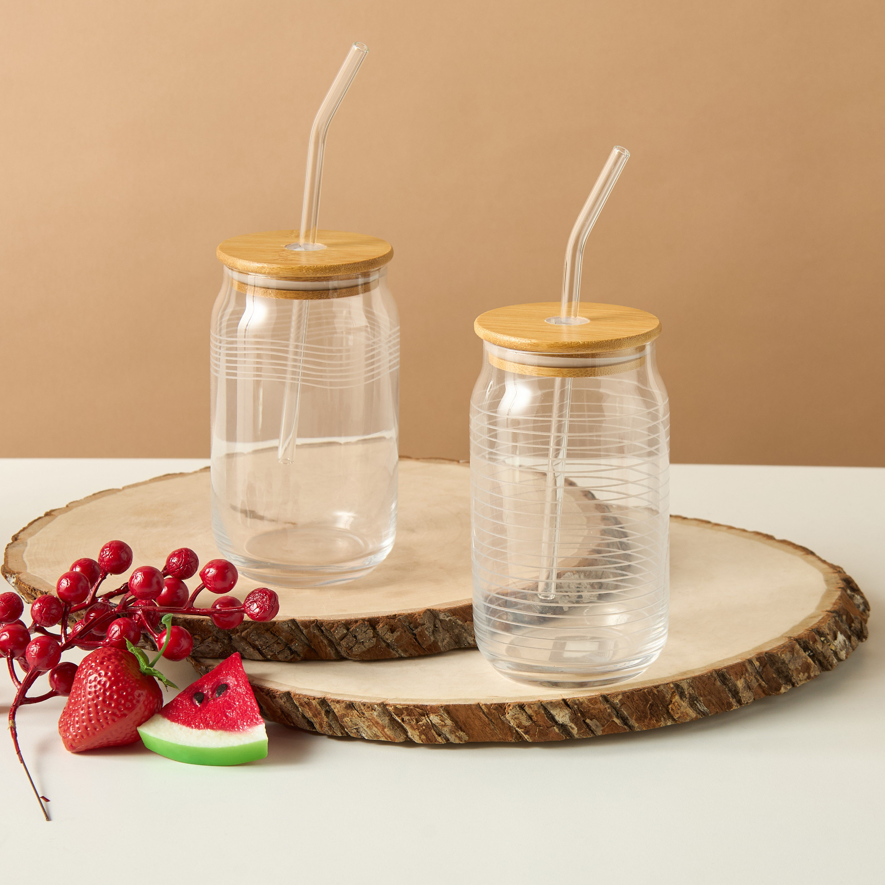 Textured 2-Piece Glass Sipper with Straw and Bamboo Lid Set - 530 ml-household-dining-teaandcoffee-mugsandcups-image-1