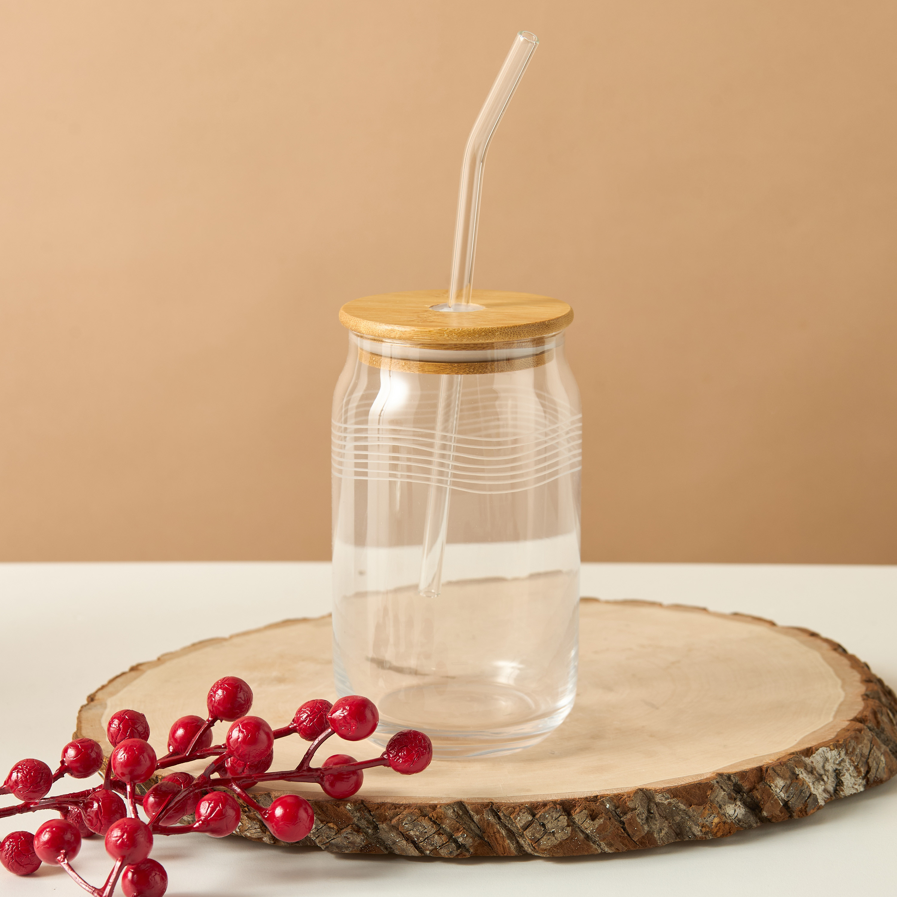 Textured 2-Piece Glass Sipper with Straw and Bamboo Lid Set - 530 ml-household-dining-teaandcoffee-mugsandcups-image-2