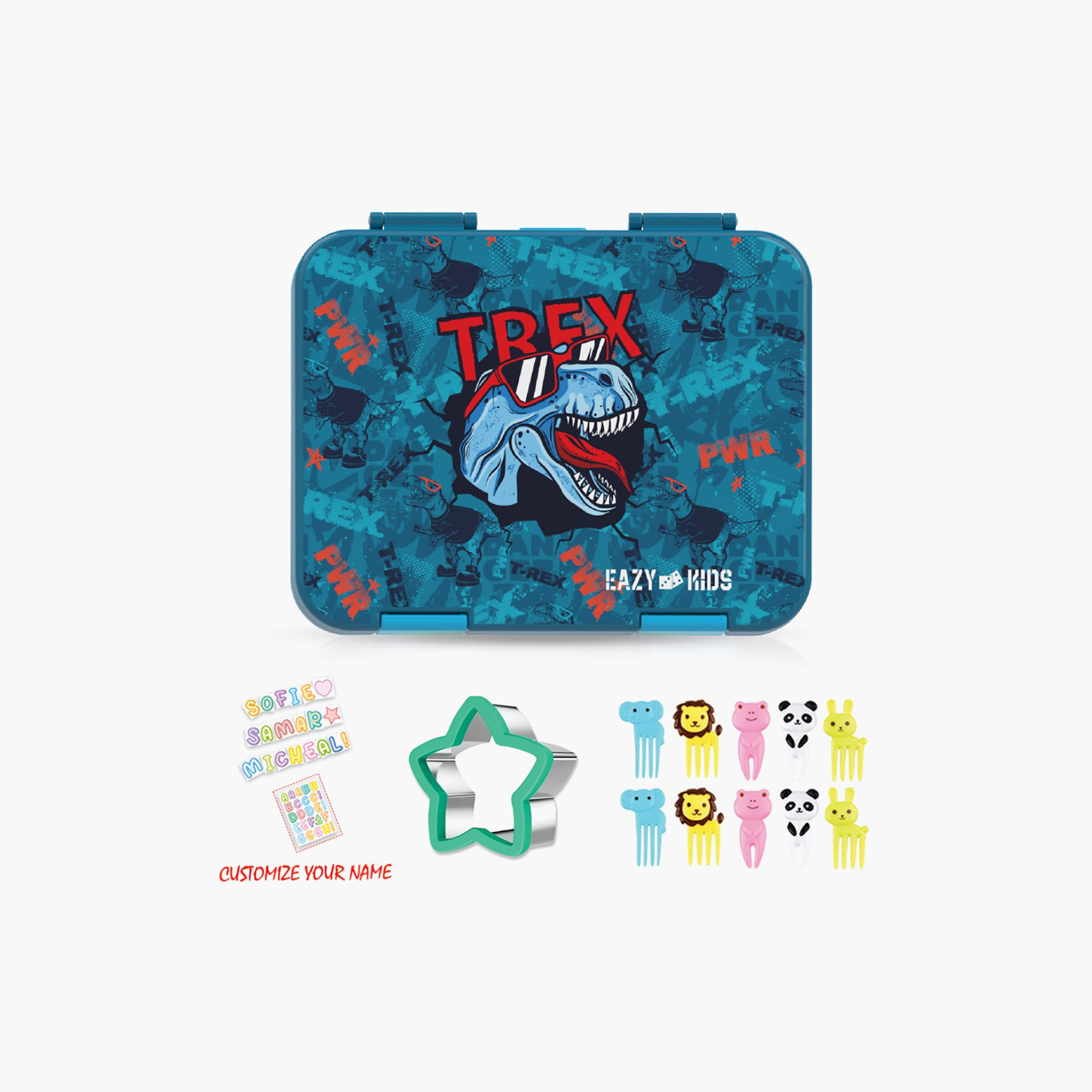 Eazy Kids 6 & 4 Convertible Bento Lunch Box with Sandwich Cutter Set, T-Rex, Blue-school-lunchessentials-lunchboxes-image-1