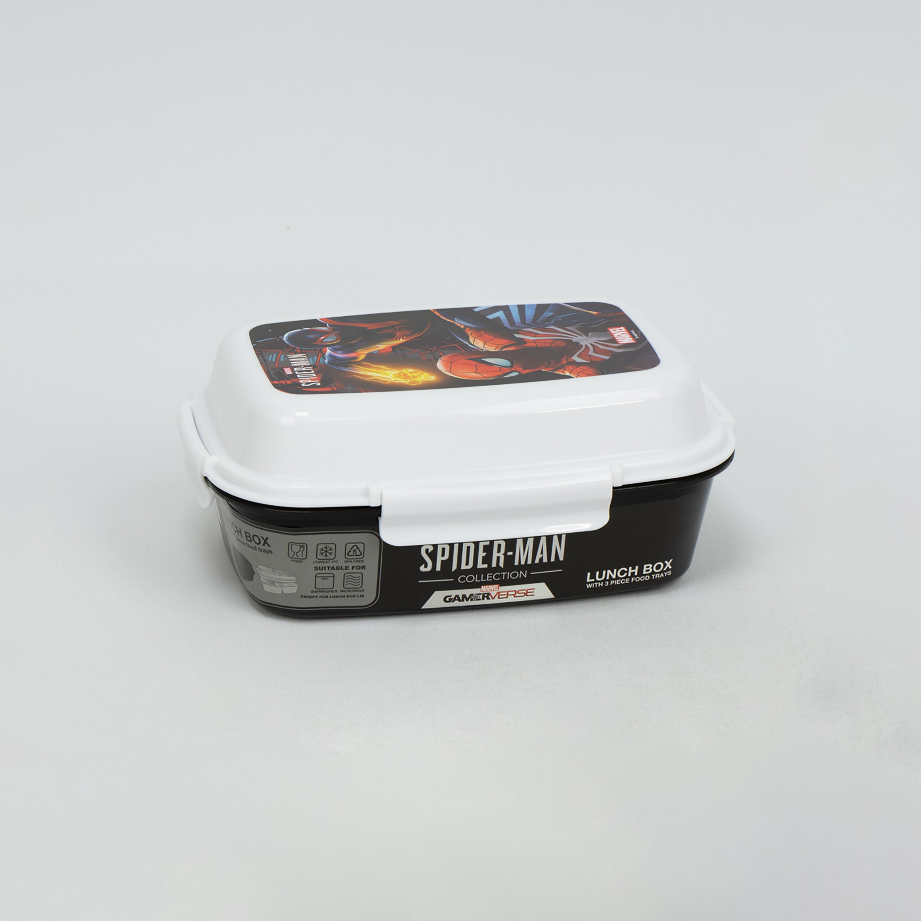 صندوق غداء BPA مع 4 مشابك إغلاق و4 صواني مطبوع من سبايدرمان - أسود-school-lunchessentials-lunchboxes-image-1