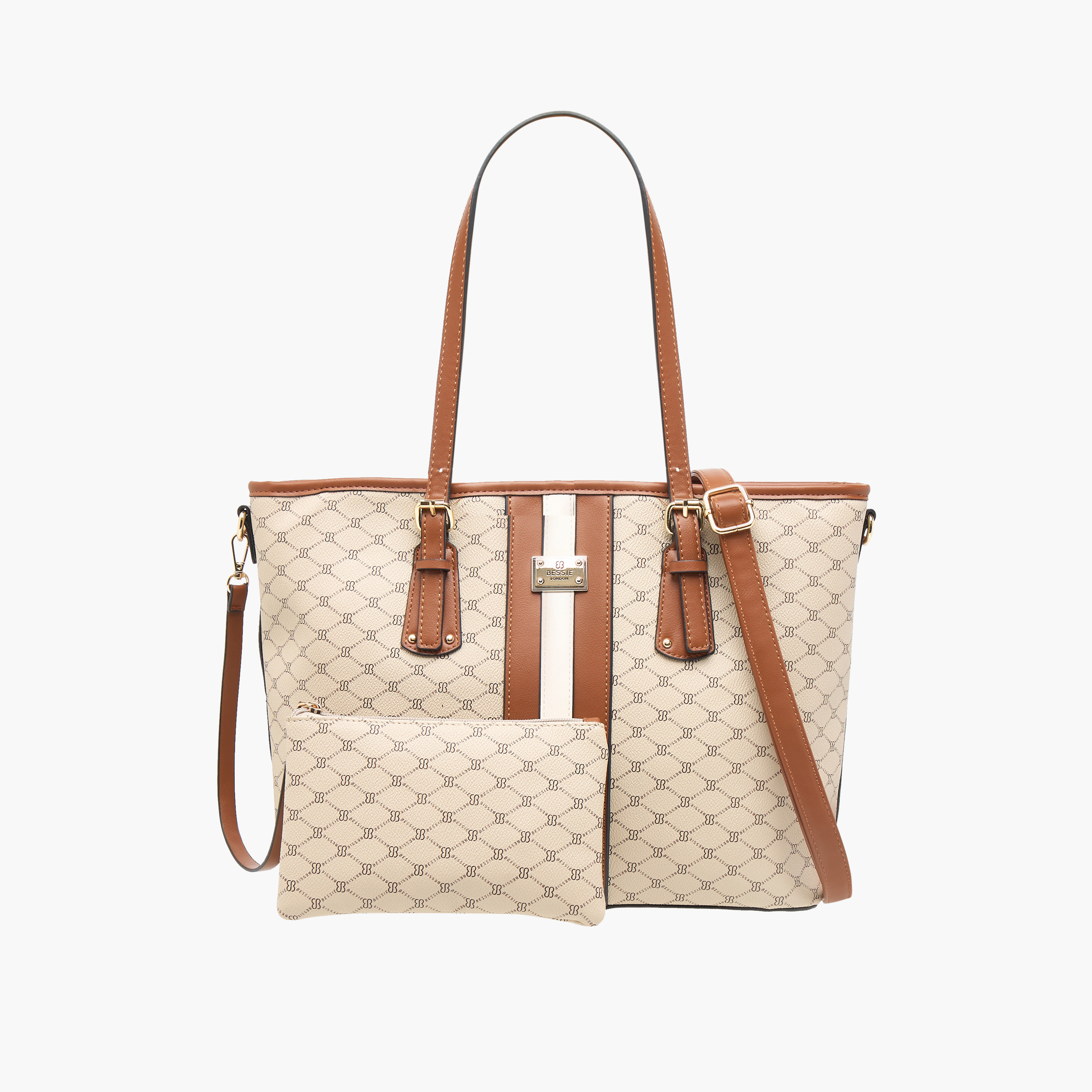 Shop Bessie London Monogram Textured Tote Bag with Pouch
