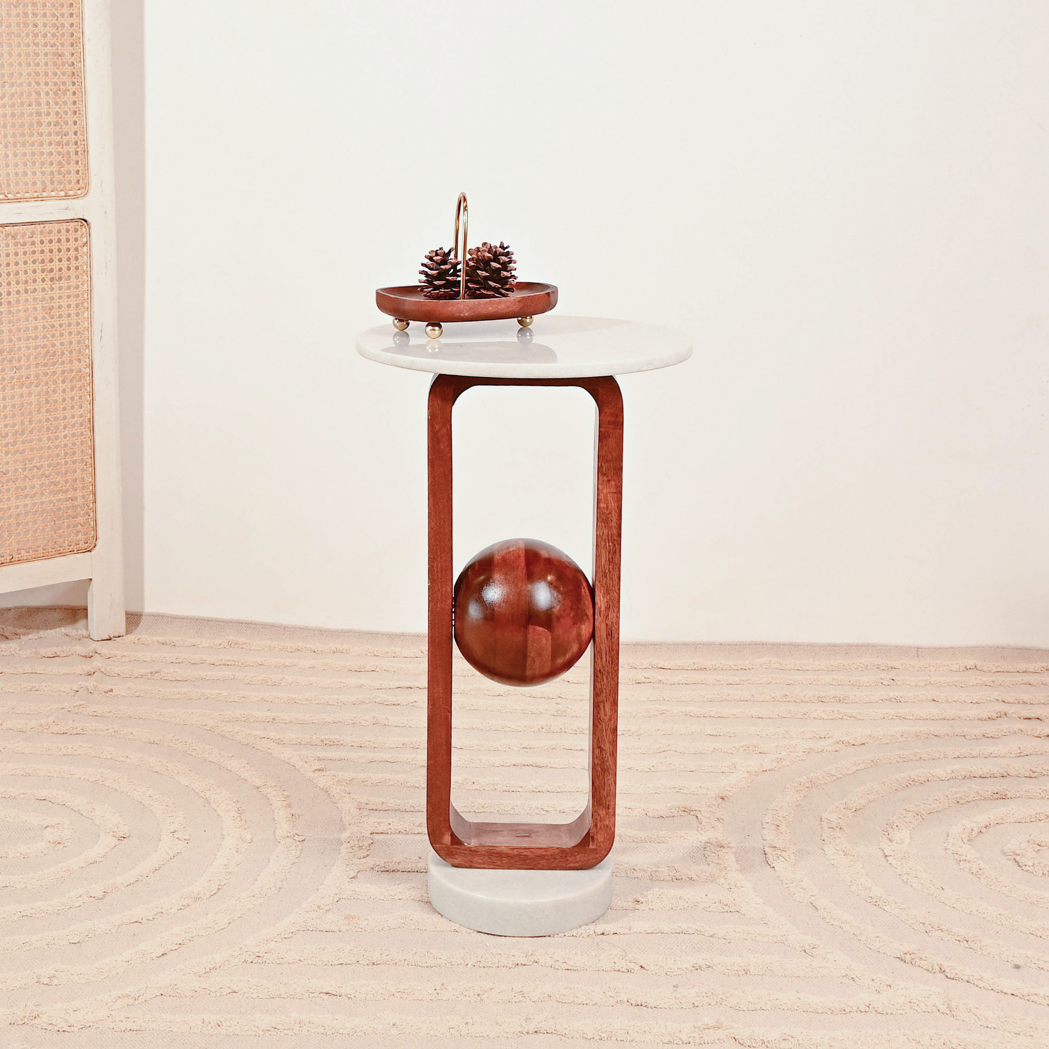 Crafted by LifestyleMarble Top Accent Table with Wooden Sphere Detail - 62x35x62 cms-furniture-livingroom-sideandendtables-image-1